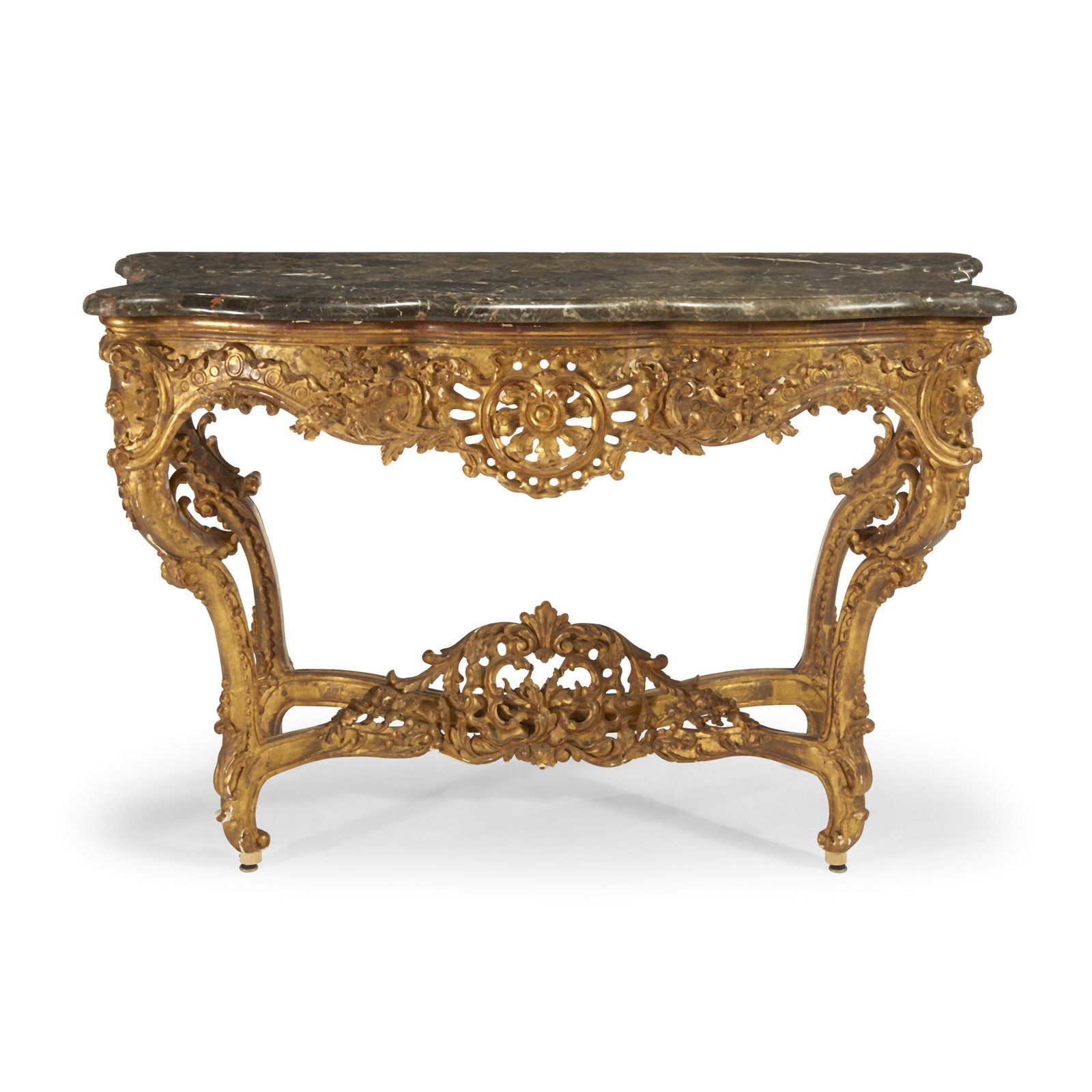 An Italian Rococo style giltwood console, late: An Italian Rococo style giltwood console, late 19th/early 20th century. With a green marble top above a giltwood carved and decorated base. H: 32 1/2 in., W: 50 in., D: 25 1/2 in.