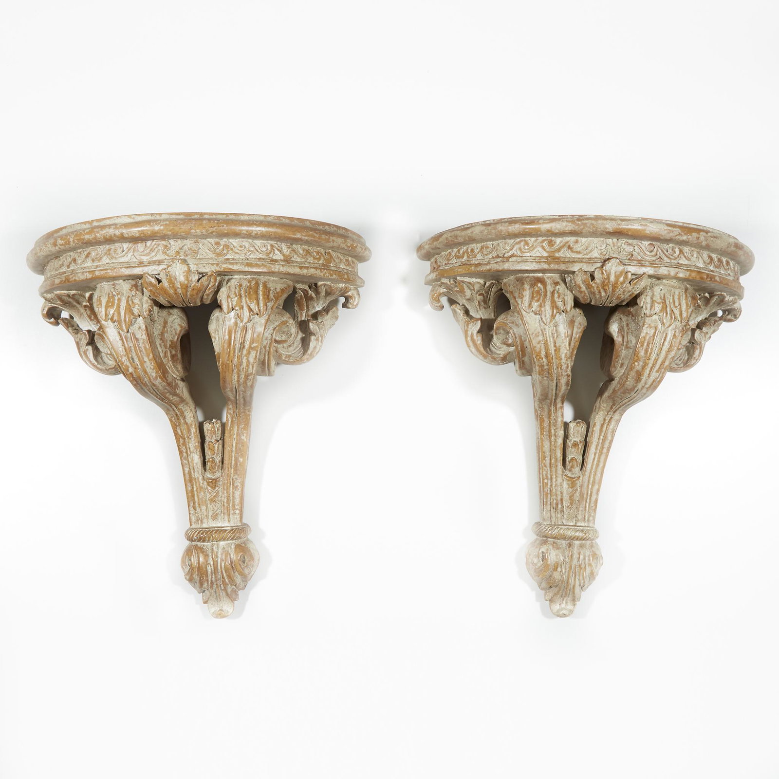 A pair of Neoclassical giltwood wall brackets, 20th: A pair of Neoclassical giltwood wall brackets, 20th century. H: 17 1/2 in., W: 14 in.