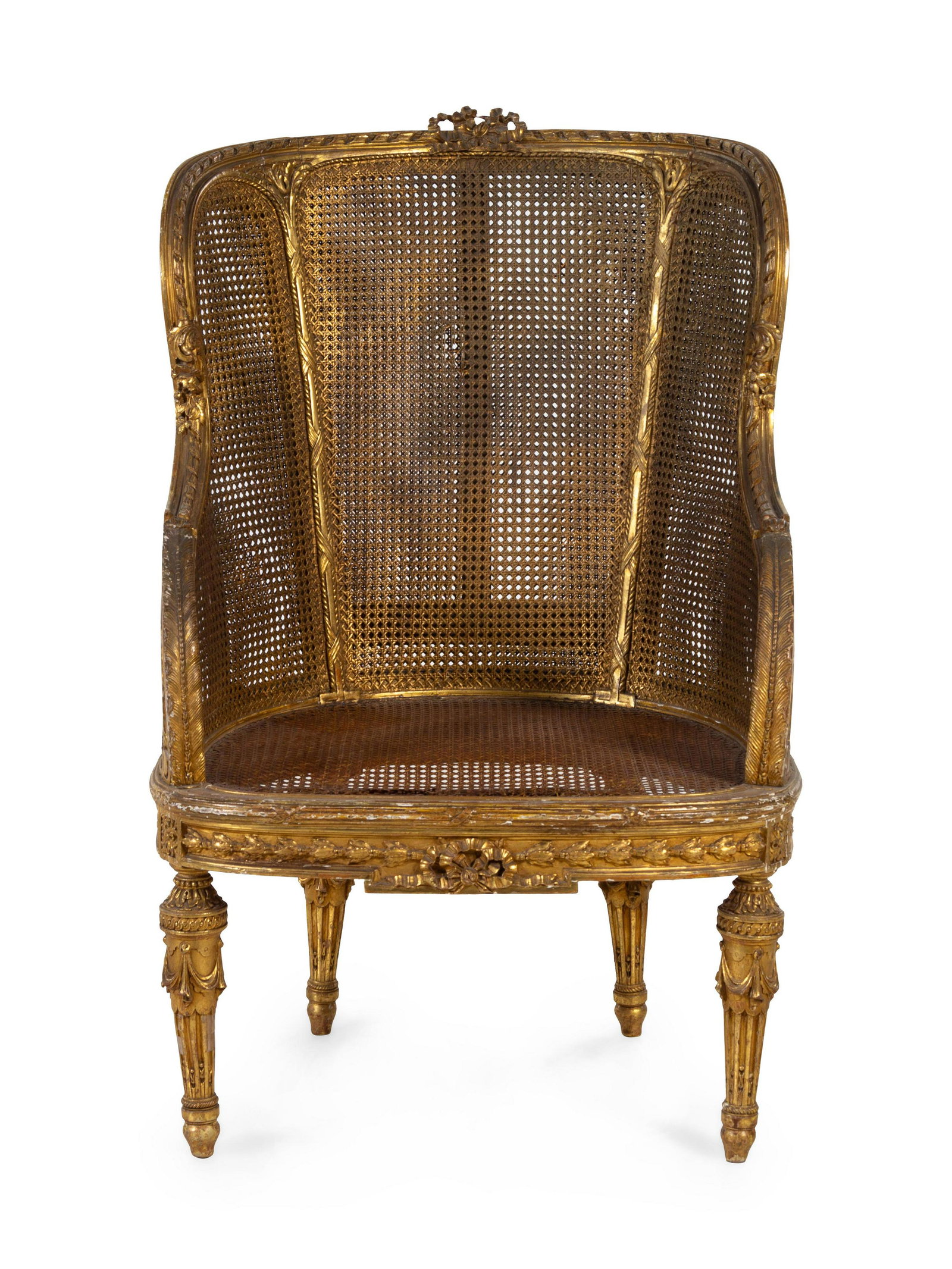A Louis XVI Style Giltwood Bergere: A Louis XVI Style Giltwood Bergere 18th/19th Century Height 41 1/2 inches. Property from Christa's Ltd., Chicago, Illinois