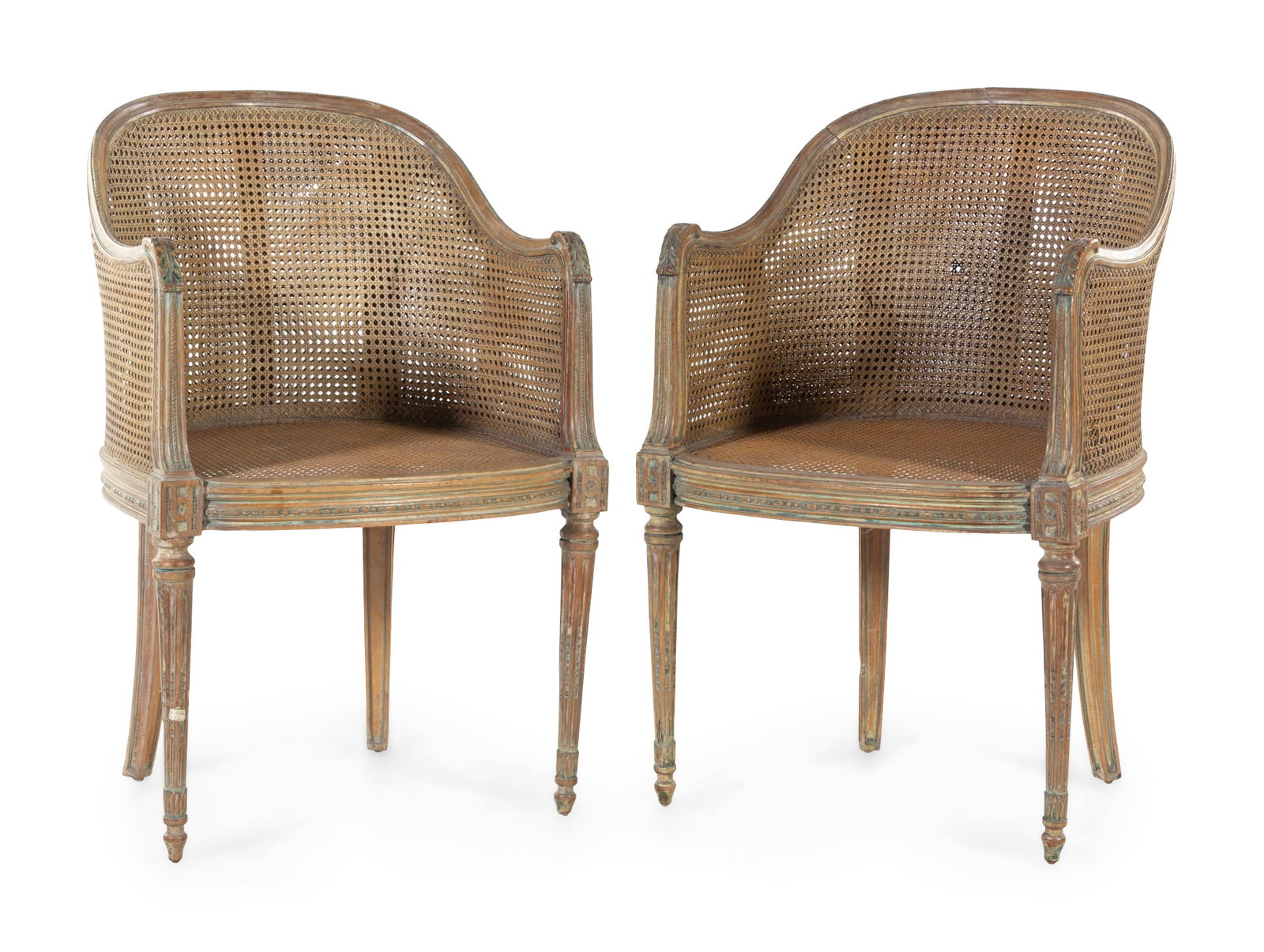 A Pair of Louis XVI Style Bergeres: A Pair of Louis XVI Style Bergeres 19th Century Height 34 inches. Property from Christa's Ltd., Chicago, Illinois