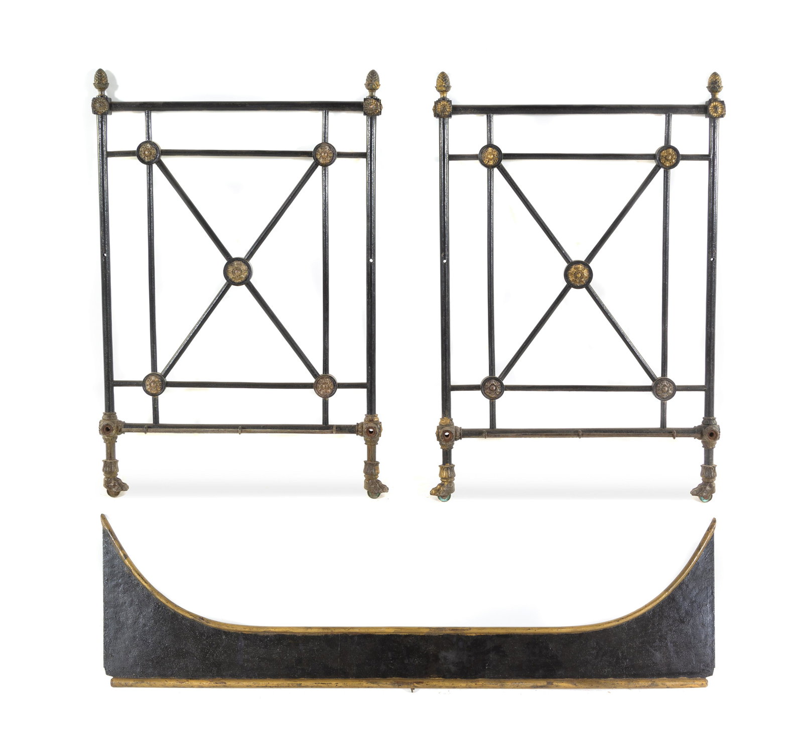 An Empire Style Painted and Parcel Gilt Iron Daybed: An Empire Style Painted and Parcel Gilt Iron Daybed Late 19th/Early 20th Century Height 47 1/2 x width 32 x length 77 inches. Property from Christa's Ltd., Chicago, Illinois
