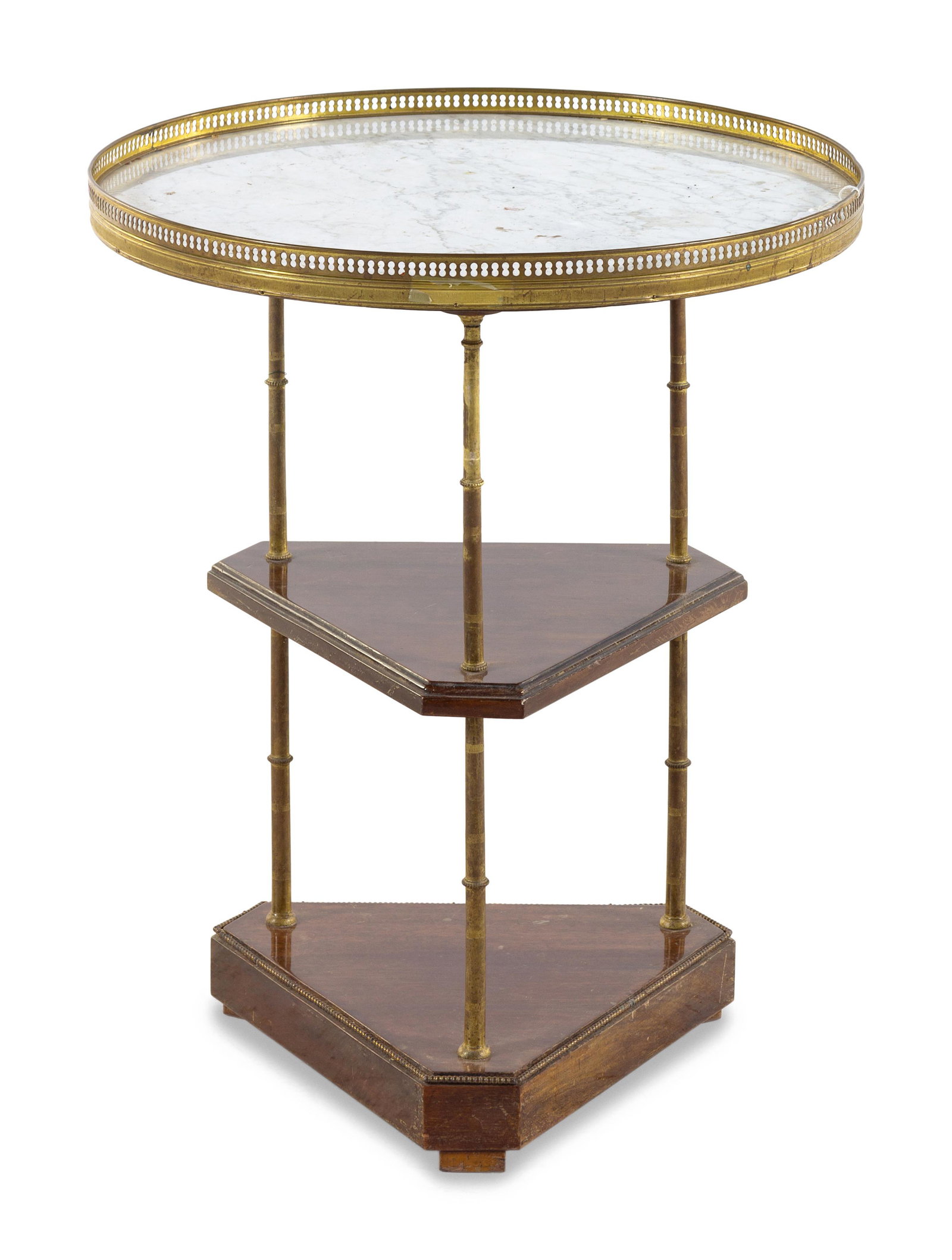 A French Three-Tiered Marble-Top Side Table: A French Three-Tiered Marble-Top Side Table Late 19th/Early 20th Century Height 27 1/4 x diameter of top 22 inches. Property from Christa's Ltd., Chicago, Illinois