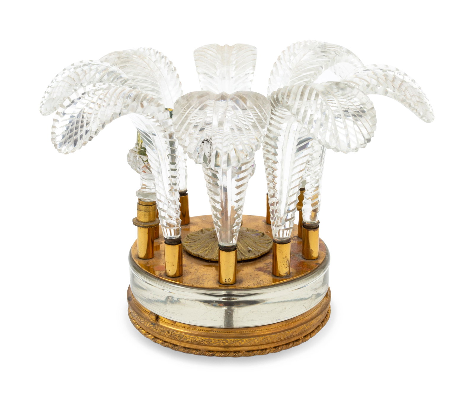 A Continental Gilt Bronze and Glass Centerpiece: A Continental Gilt Bronze and Glass Centerpiece Late 19th/Early 20th Century fitted with three candle cups. Diameter 9 1/4 inches. Property from Christa's Ltd., Chicago, Illinois