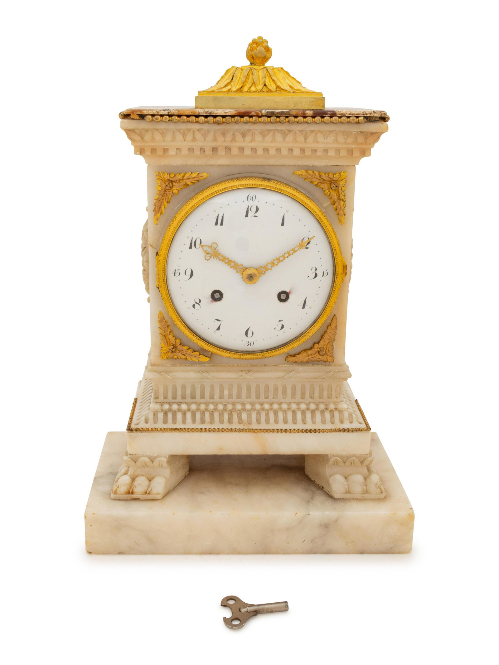 A Continental Gilt Bronze Mounted Alabaster Mantel: A Continental Gilt Bronze Mounted Alabaster Mantel Clock 19th Century Height 14 1/2 inches. Property from Christa's Ltd., Chicago, Illinois