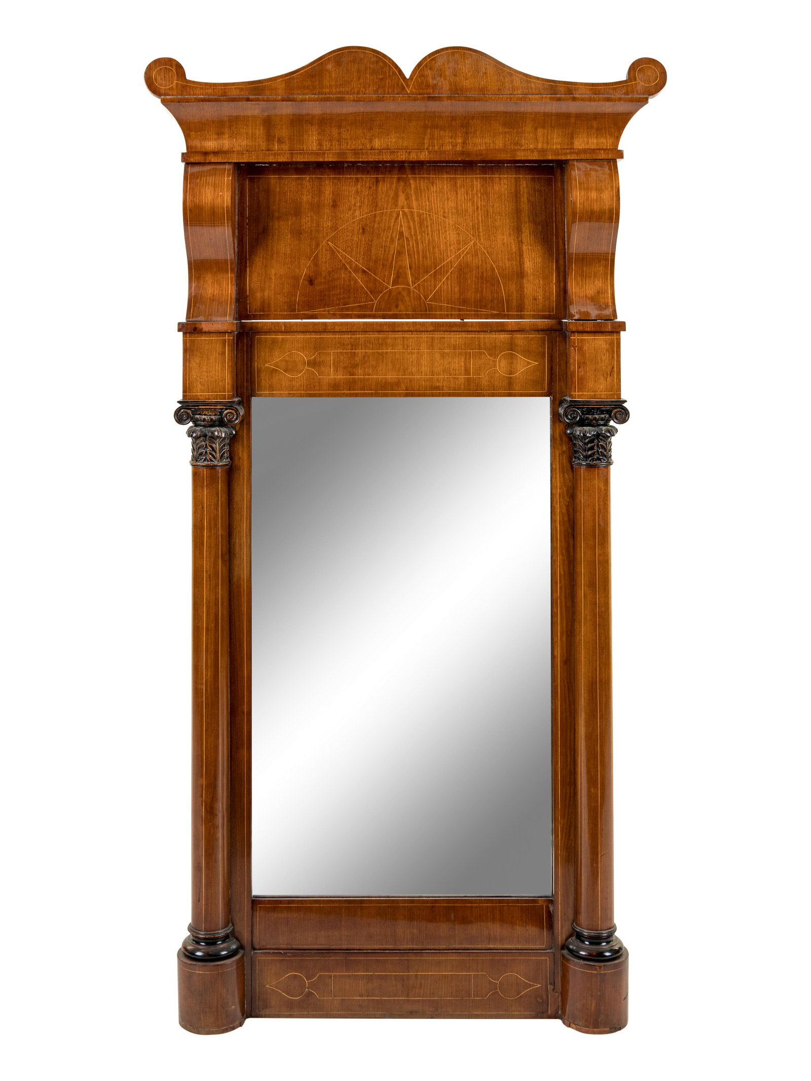 A Biedermeier Walnut Marquetry Mirror: A Biedermeier Walnut Marquetry Mirror 19th Century Height 62 x width 26 1/2 inches. Property from Christa's Ltd., Chicago, Illinois