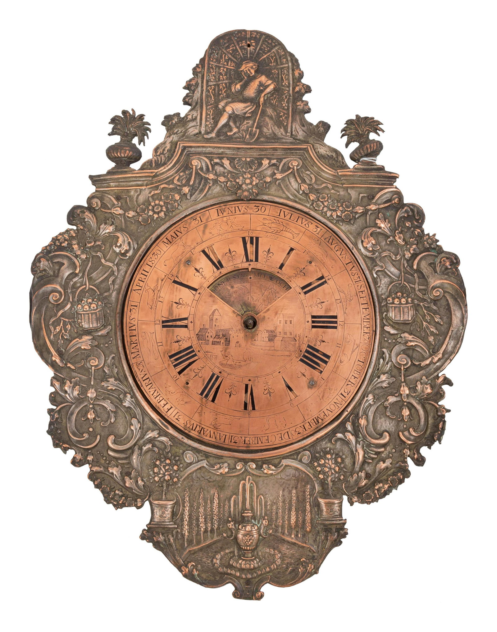 A Silvered Wall Clock: A Silvered Wall Clock 17th/18th Century the engraved dial with Roman numerals. Height 18 inches. Property from Christa's Ltd., Chicago, Illinois