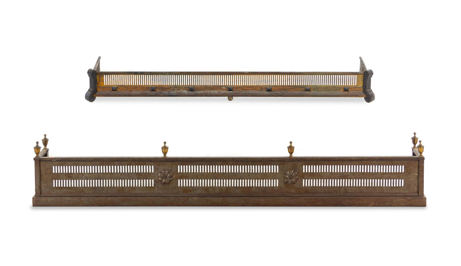 An English Over-Sized Brass Fire Fender: An English Over-Sized Brass Fire Fender 19th Century together with a smaller example. Width of larger example 81 inches. Property from Christa's Ltd., Chicago, Illinois