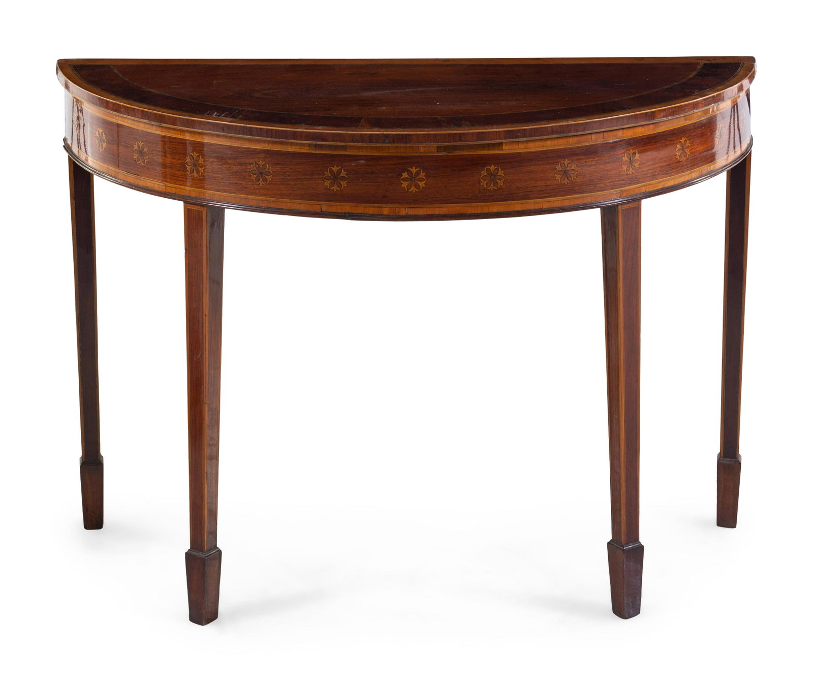 A George III Style Mahogany and Marquetry Demilune: A George III Style Mahogany and Marquetry Demilune Table 19th Century Height 27 3/8 x depth 19 1/8 inches. Property from Christa's Ltd., Chicago, Illinois