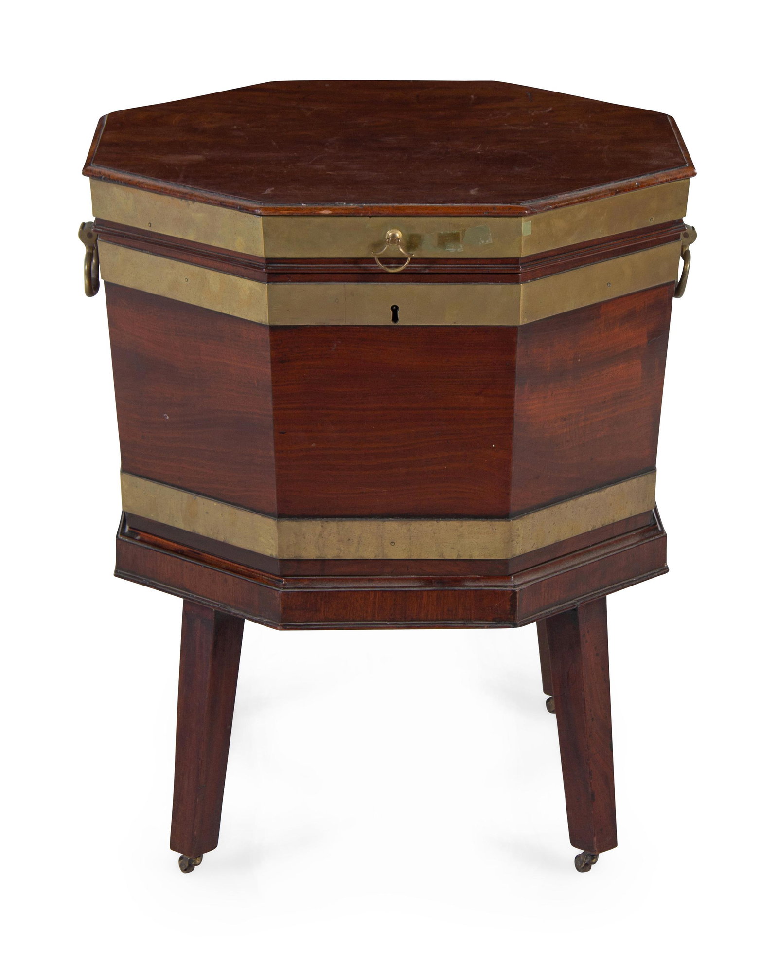 A George III Brass Banded Mahogany Cellarette: A George III Brass Banded Mahogany Cellarette 19th Century of tapering octagonal form. Height 27 inches. Property from Christa's Ltd., Chicago, Illinois