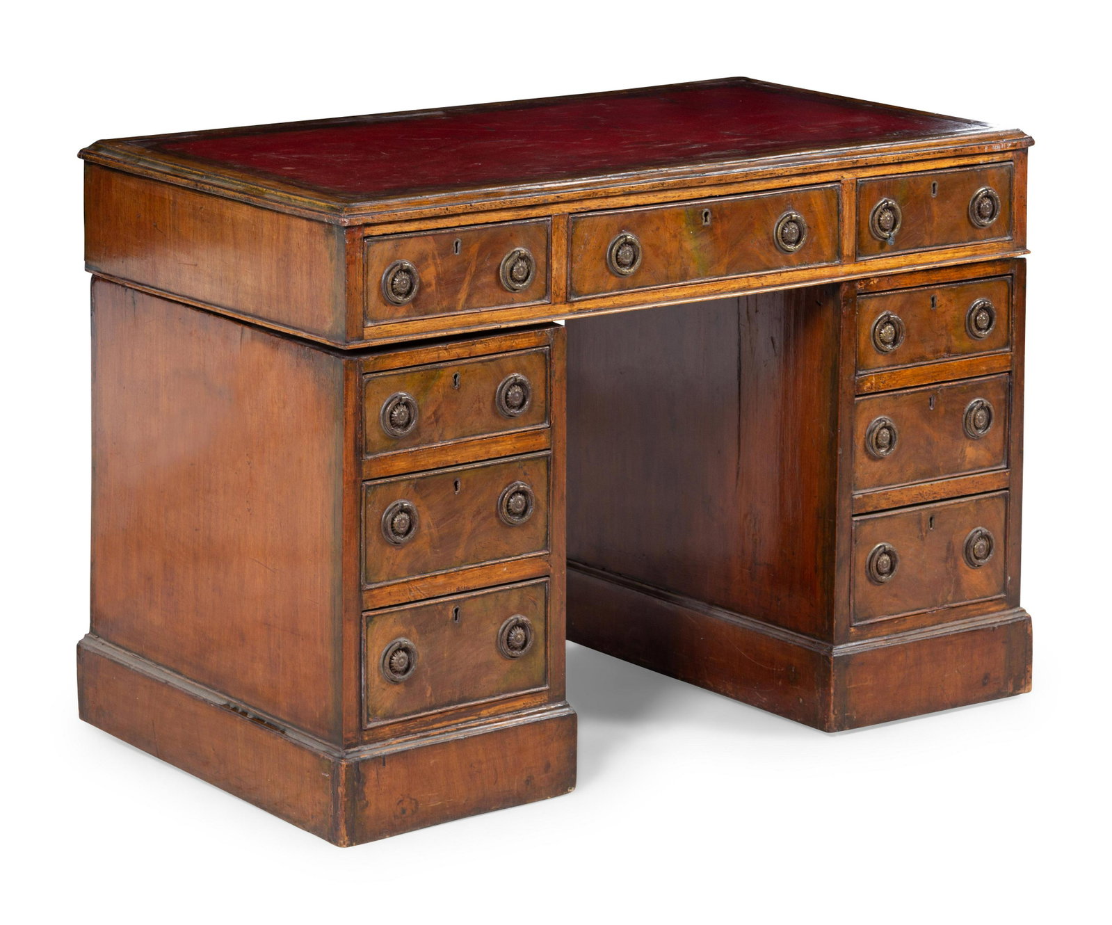 A George III Style Mahogany Pedestal Desk: A George III Style Mahogany Pedestal Desk 19th Century Height 28 1/4 x width 41 1/2 x depth 22 1/4 inches. Property from Christa's Ltd., Chicago, Illinois
