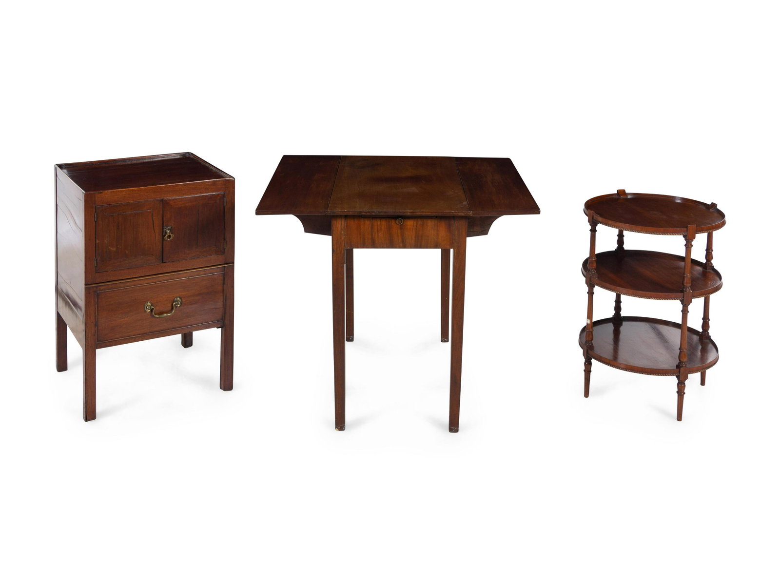 Three George III Style Mahogany Tables: Three George III Style Mahogany Tables Late 19th/Early 20th Century comprising a pembroke table, a three-tier table and a side cabinet.Â Property from Christa's Ltd., Chicago, Illinois