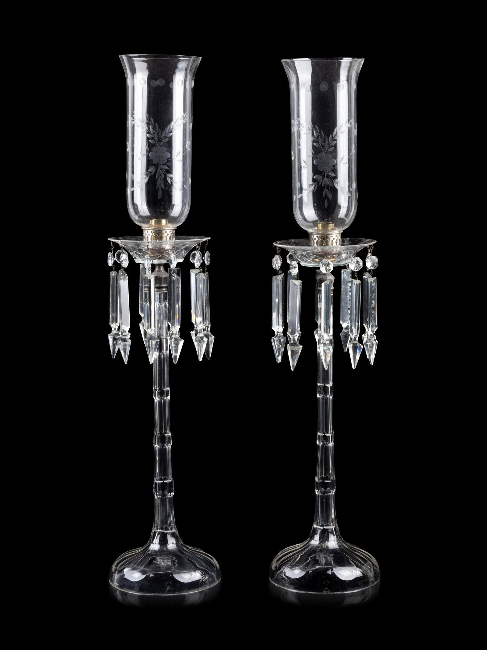 A Large Pair of English Cut and Etched Glass: A Large Pair of English Cut and Etched Glass Candlesticks Late 19th/Early 20th Century Height 29 3/4 inches. Property from Christa's Ltd., Chicago, Illinois