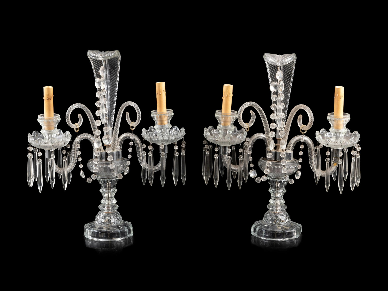 A Pair of Edwardian Cut-Glass Two-Light Candelabra: A Pair of Edwardian Cut-Glass Two-Light Candelabra Height 17 1/4 inches Property from Christa's Ltd., Chicago, Illinois