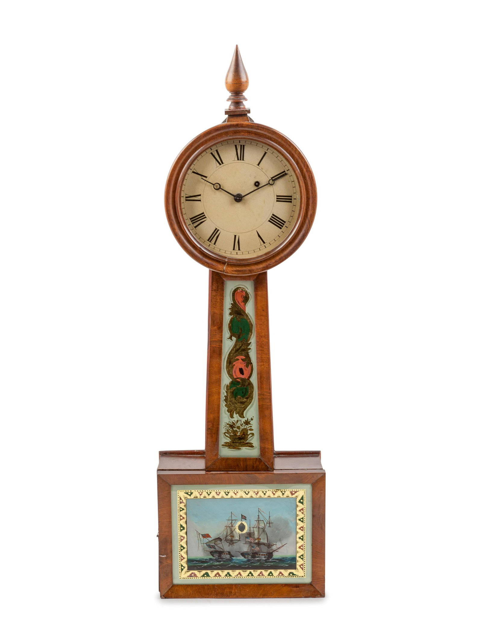 A Federal Mahogany and Eglomise Banjo Clock: A Federal Mahogany and Eglomise Banjo Clock Height 33 1/4 inches. Property from Christa's Ltd., Chicago, Illinois