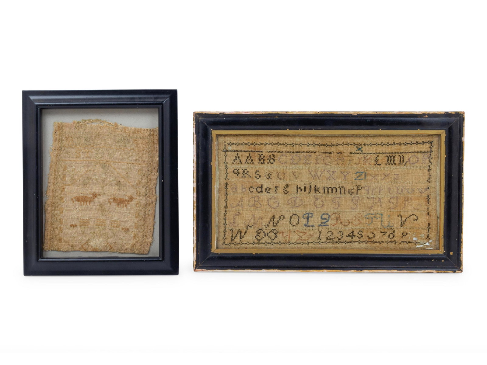 Two American Mirrors: Two American Mirrors 19th Century together with two needlepoint samplers. Larger mirror: height 22 1/2 x width 12 inches. Property from Christa's Ltd., Chicago, Illinois