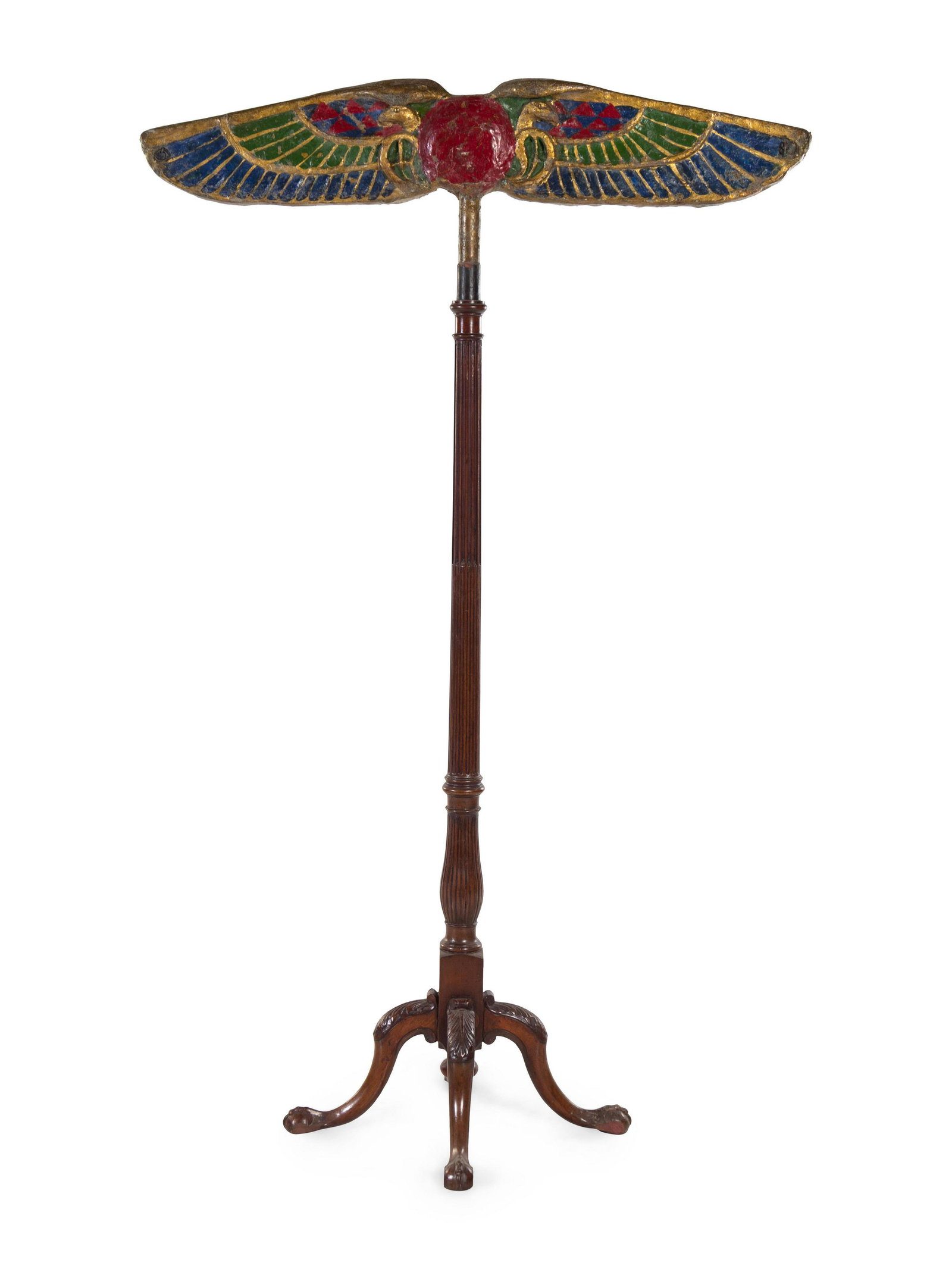 An Egyptian Revival Papier-Mache Staff Head: An Egyptian Revival Papier-Mache Staff Head Late 19th/Early 20th Century depicting the winged sun, raised on a Victorian mahogany stand. Height overall 73 1/2 inches. Property from Christa's Ltd., Chi