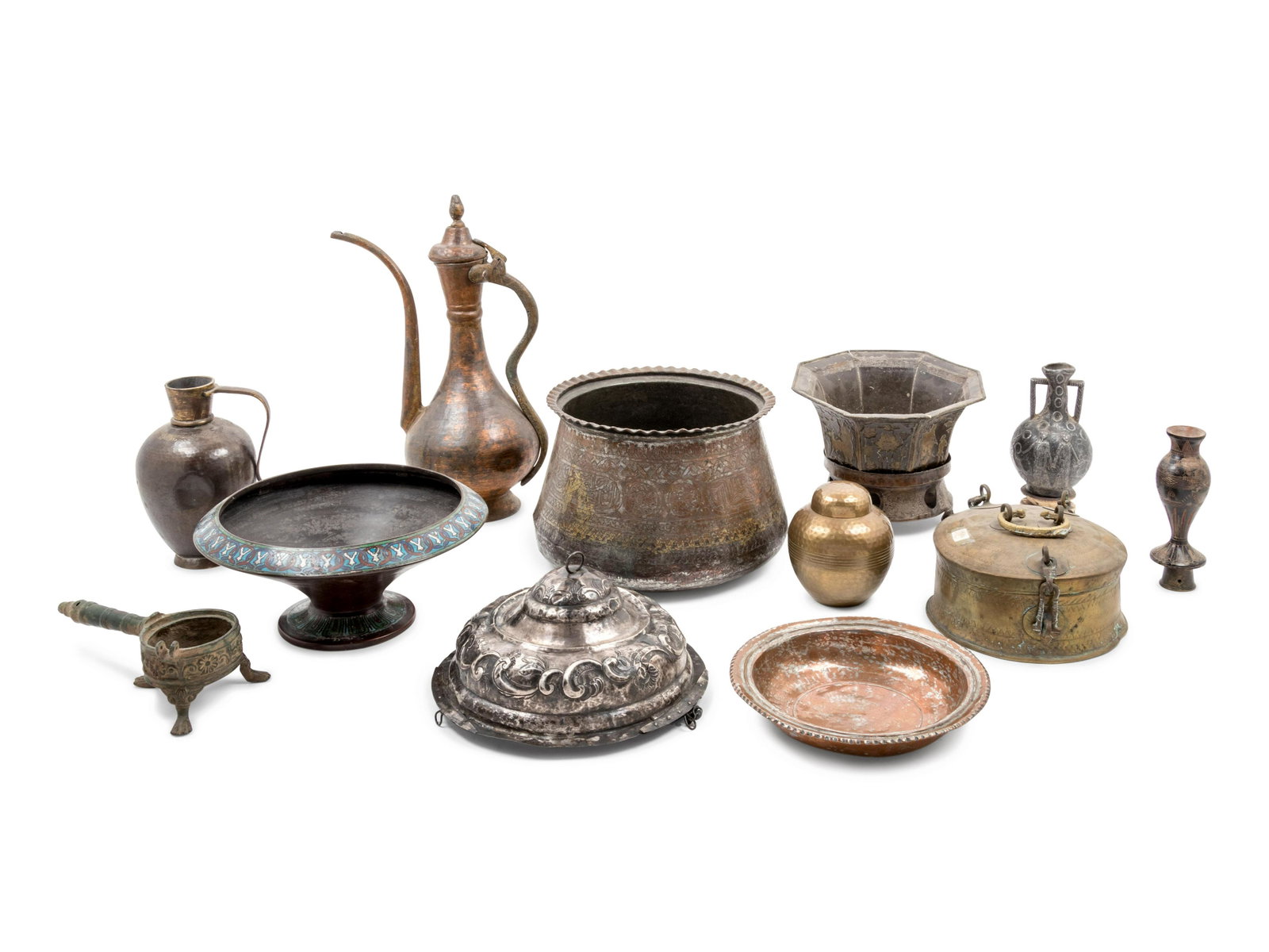 Thirteen Middle Eastern and Asian Metalwork Articles: Thirteen Middle Eastern and Asian Metalwork Articles Primarily 19th Century of various forms, sizes and materials. Height of tallest 16 inches. Property from Christa's Ltd., Chicago, Illinois
