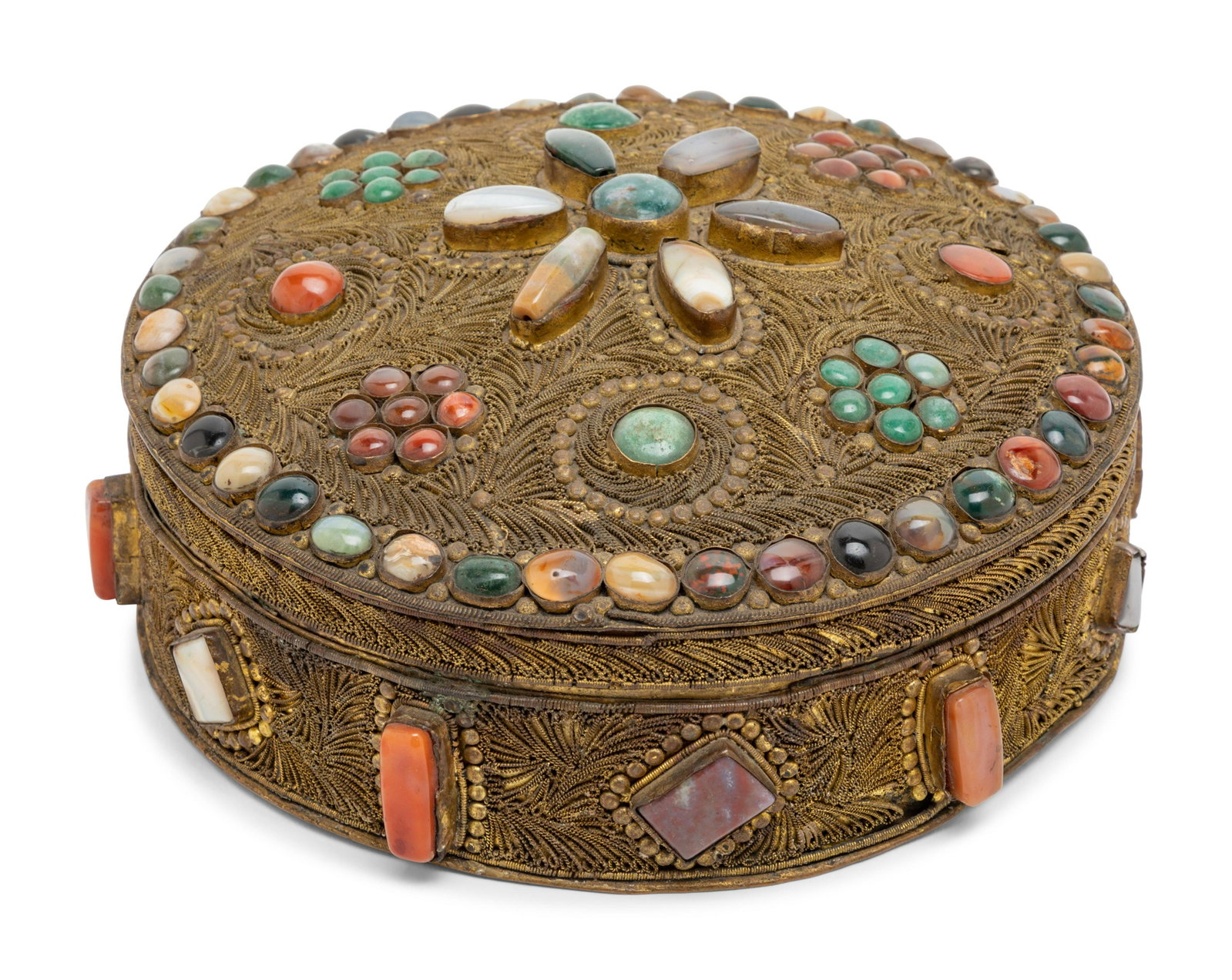 A Tibetan Hardstone Mounted and Filigree Decorated Box: A Tibetan Hardstone Mounted and Filigree Decorated Box Diameter 10 1/4 inches. Property from Christa's Ltd., Chicago, Illinois
