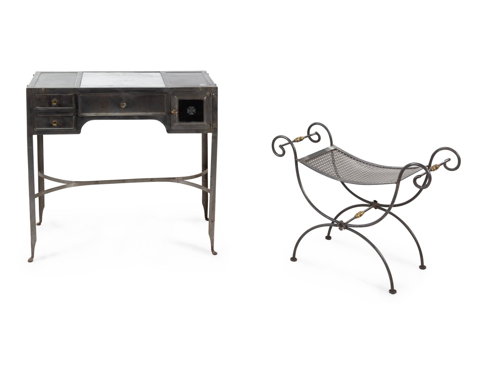 A Modern Steel and Marble Dressing Table with an: A Modern Steel and Marble Dressing Table with an Associated Seat Height of table 30 x width 32 x depth 16 inches. Property from Christa's Ltd., Chicago, Illinois