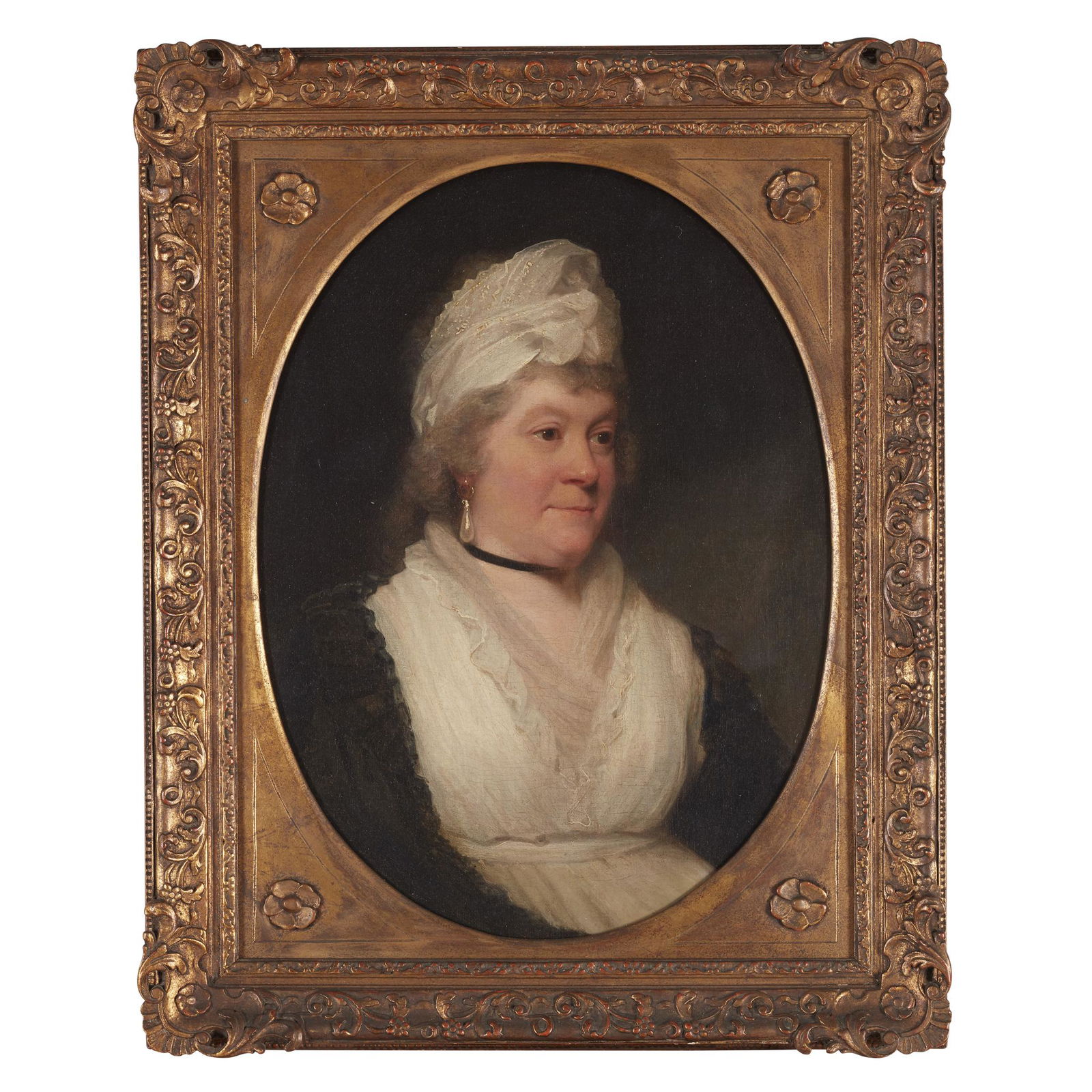 Manner of Gilbert Stuart (1755-1828), Portrait of a: Manner of Gilbert Stuart (1755-1828). Portrait of a lady, late 18th century. Inscription on reverse of stretcher, oil on canvas, framed. 19 1/2 in. x 14 in. (sight) PROVENANCE: By descent in the famil