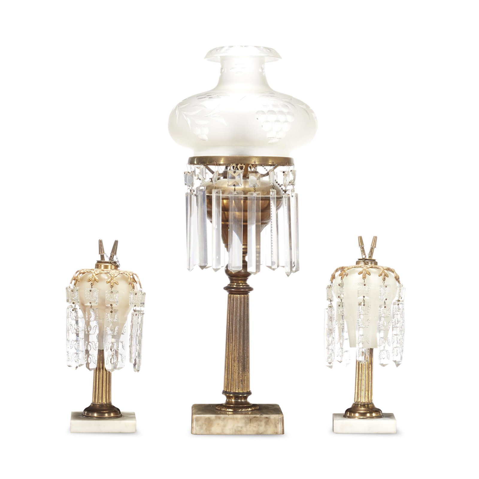 Classical patinated and gilt bronze Sinumbra lamp and: Classical patinated and gilt bronze Sinumbra lamp and pair of gilt bronze and marble whale oil lamps, first quarter 19th century. H: 23 1/2 in. (tallest) PROVENANCE: Property from a Philadelphia, PA C