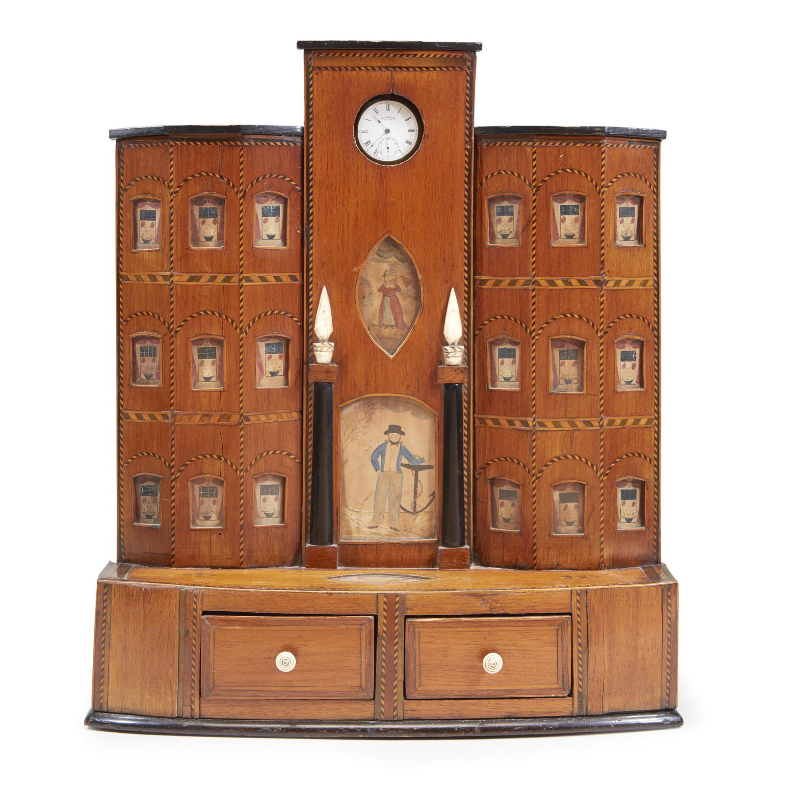 Inlaid mahogany architectural form watch hutch,: Inlaid mahogany architectural form watch hutch. England, 19th century. With ink and watercolor drawings of sailor, young lady and curtains behind windows, bone urns enclose doorway, fitted with drawer