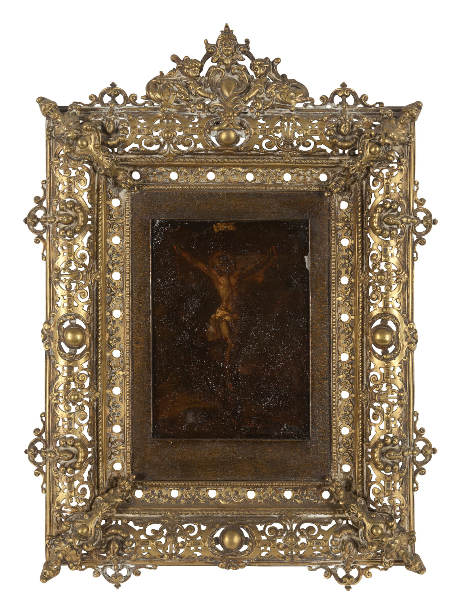 Continental School, 19th Century: Continental School, 19th Century Crucifixion oil on canvas, pierced brass frame