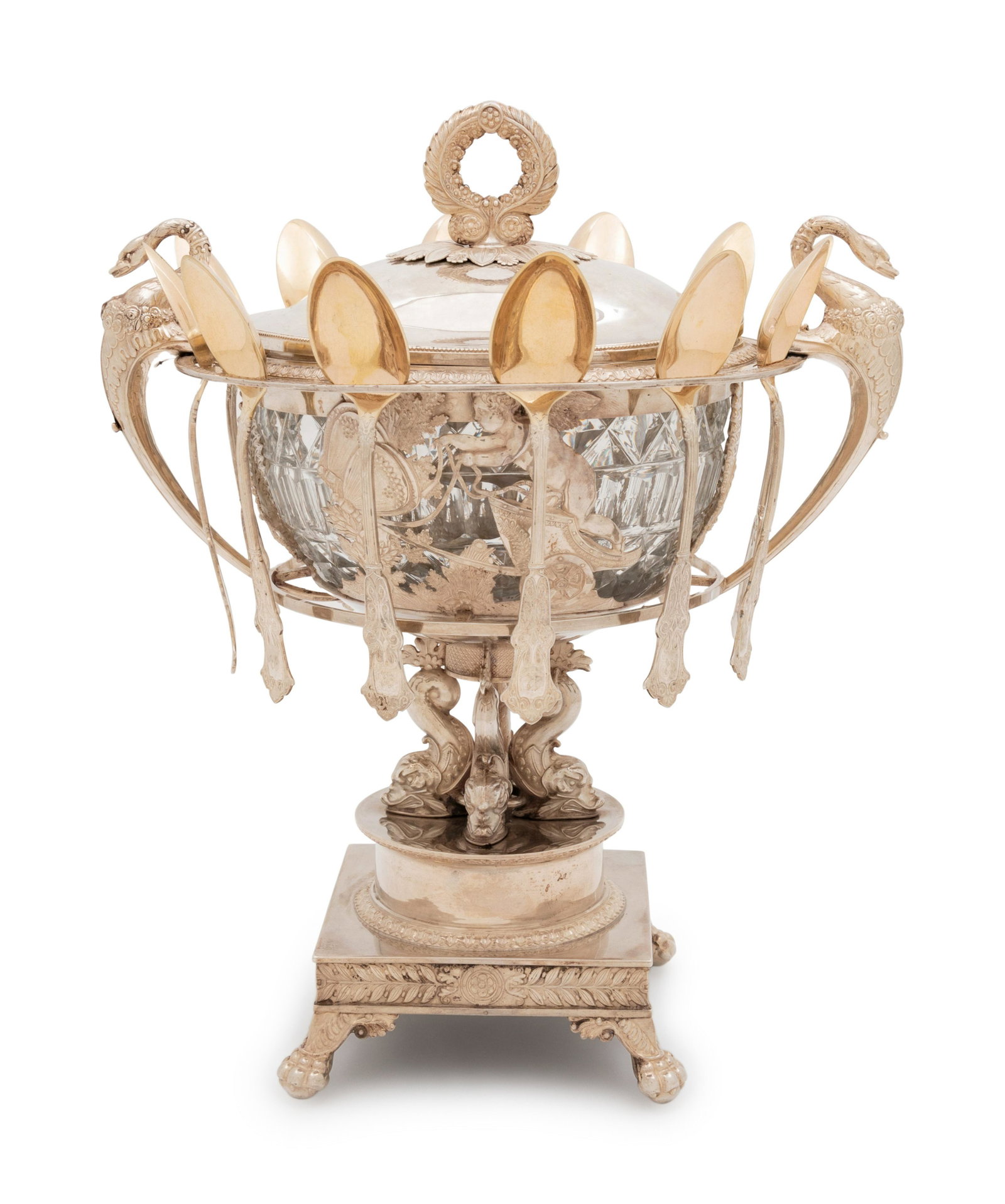 A French Silver and Cut Glass Master Sugar: A French Silver and Cut Glass Master Sugar Maker's Mark GAL Surrounding a Lion Rampant, 19th Century with 12 associated silver spoons. marked with '950' standard on lid and underside of body 25 ozt 6 