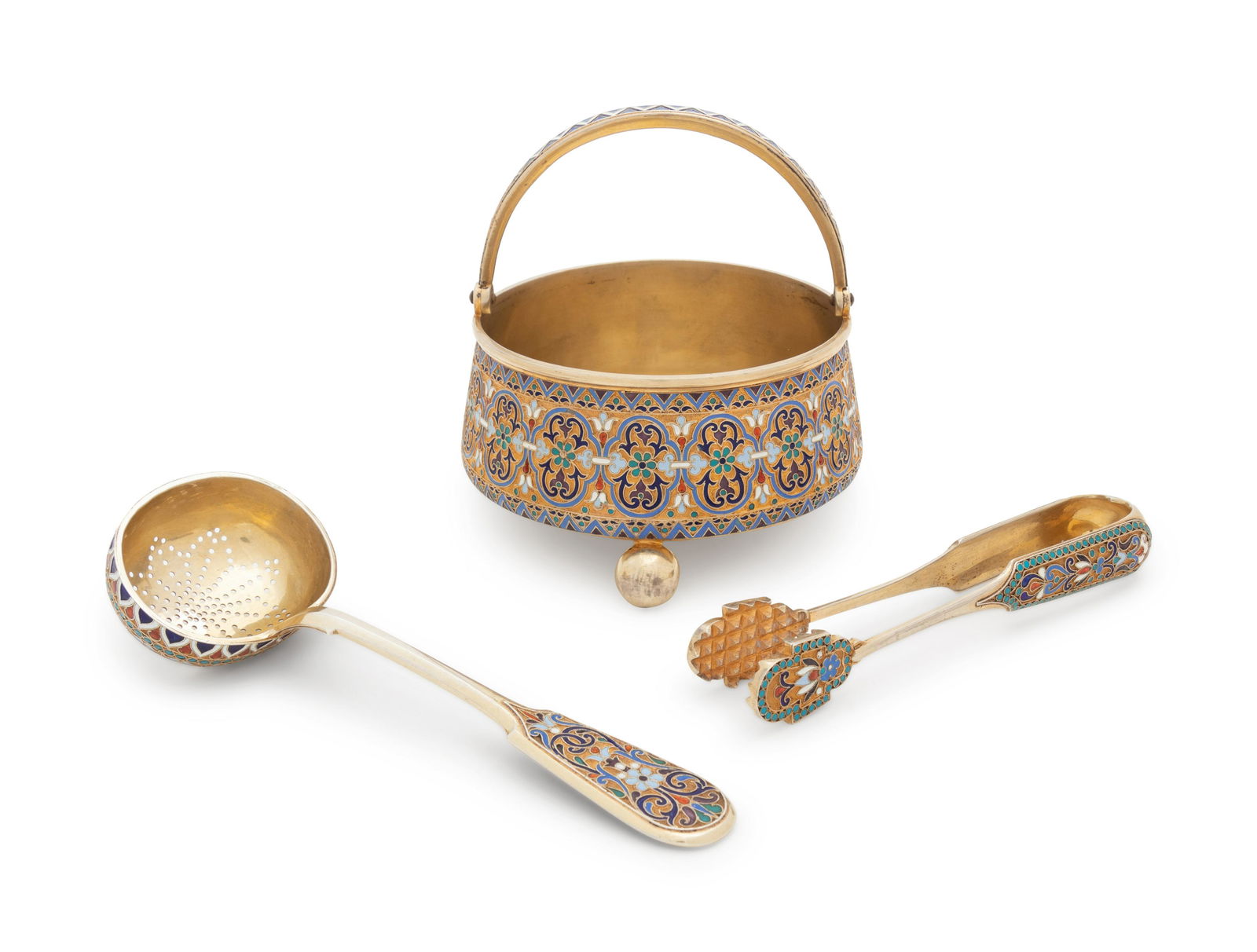 A Russian Silver-Gilt and Enameled Sugar Bowl, Tongs (1 of 6)