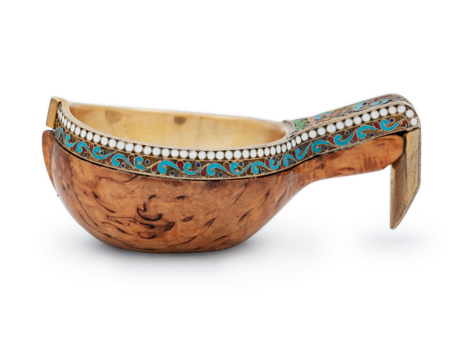 A Russian Birch Mounted Silver-Gilt and Enameled Kovsh (1 of 2)