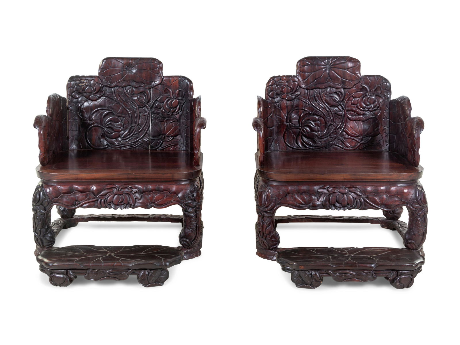 A Pair of Chinese Export Carved Hardwood Armchairs and (1 of 3)