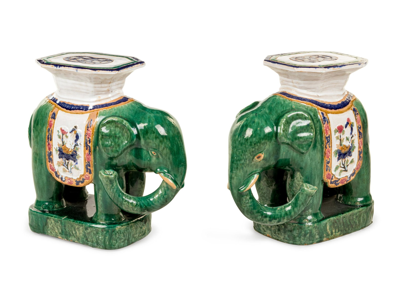 A Pair of Glazed Terra Cotta Elephant Seats: A Pair of Glazed Terra Cotta Elephant Seats 20th Century Height 22 1/2 inches.