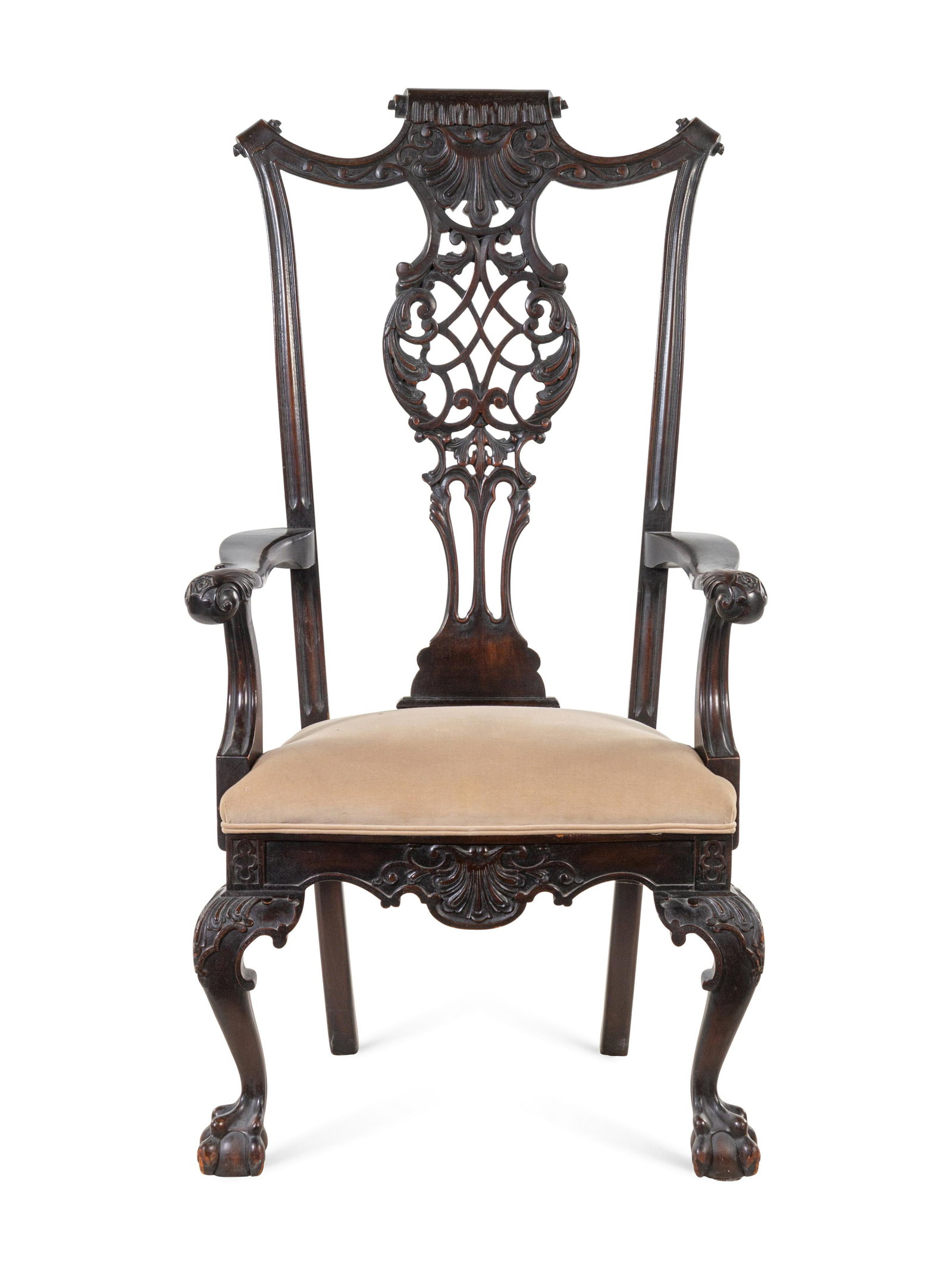 A George III Chinese Chippendale Style Carved Mahogany: A George III Chinese Chippendale Style Carved Mahogany Armchair 19th Century with pierce carved splat and upholstered seat. Height 48 3/4 inches.