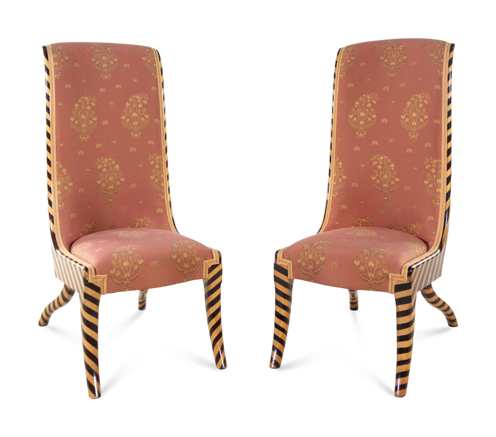 A Pair of Modernist French Parcel Ebonized High-Back: A Pair of Modernist French Parcel Ebonized High-Back Slipper Chairs 20th Century Height 50 x width 20 1/4 x depth 32 1/2 inches.