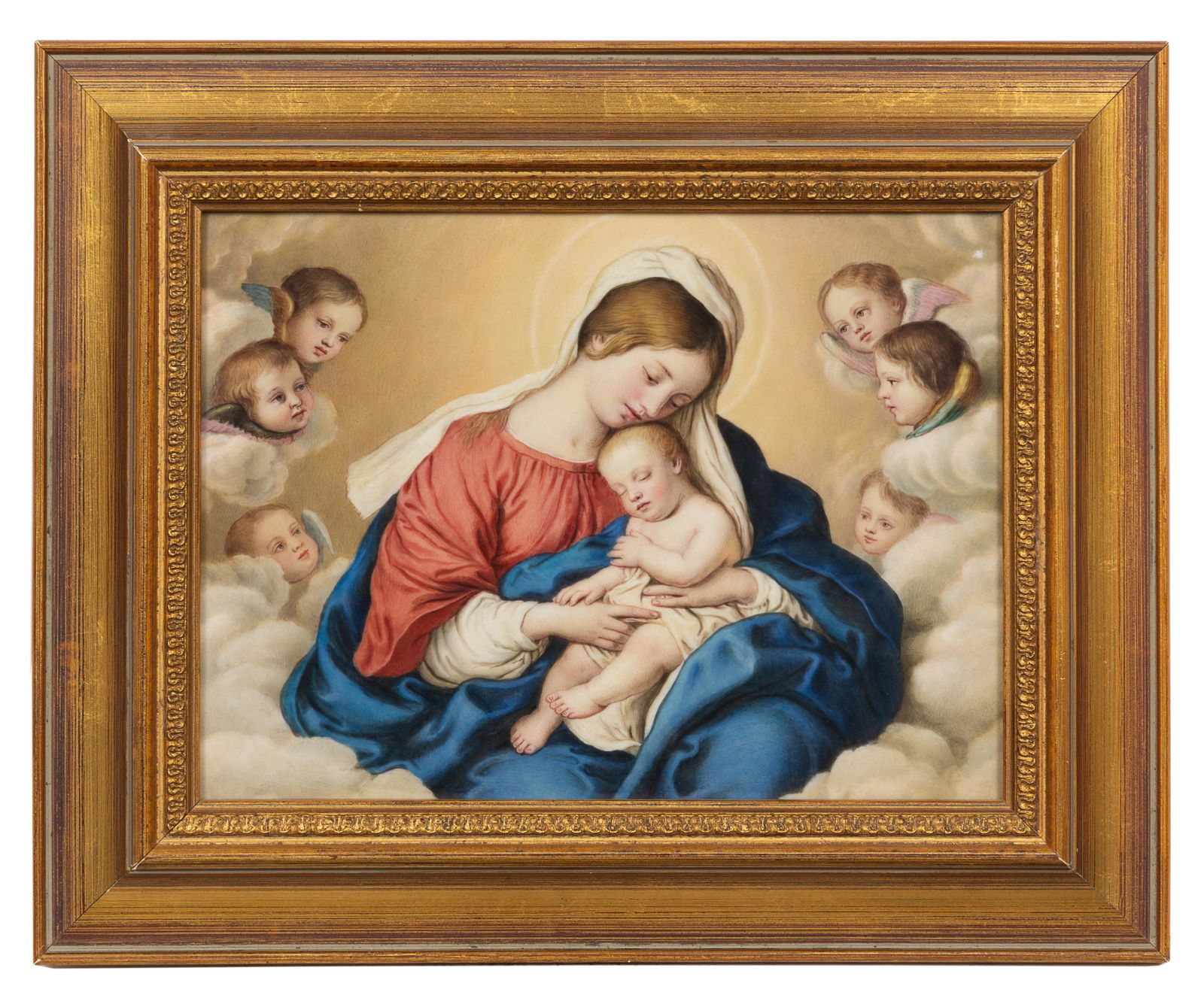 A Berlin (K.P.M) Porcelain Plaque Height of porcelain 7: A Berlin (K.P.M) Porcelain Plaque Late 19th/Early 20th Century Madonna and Child with Angels, with an impressed K.P.M. scepter mark, set in a later frame. Height of porcelain 7 x width 9 inches. Prope