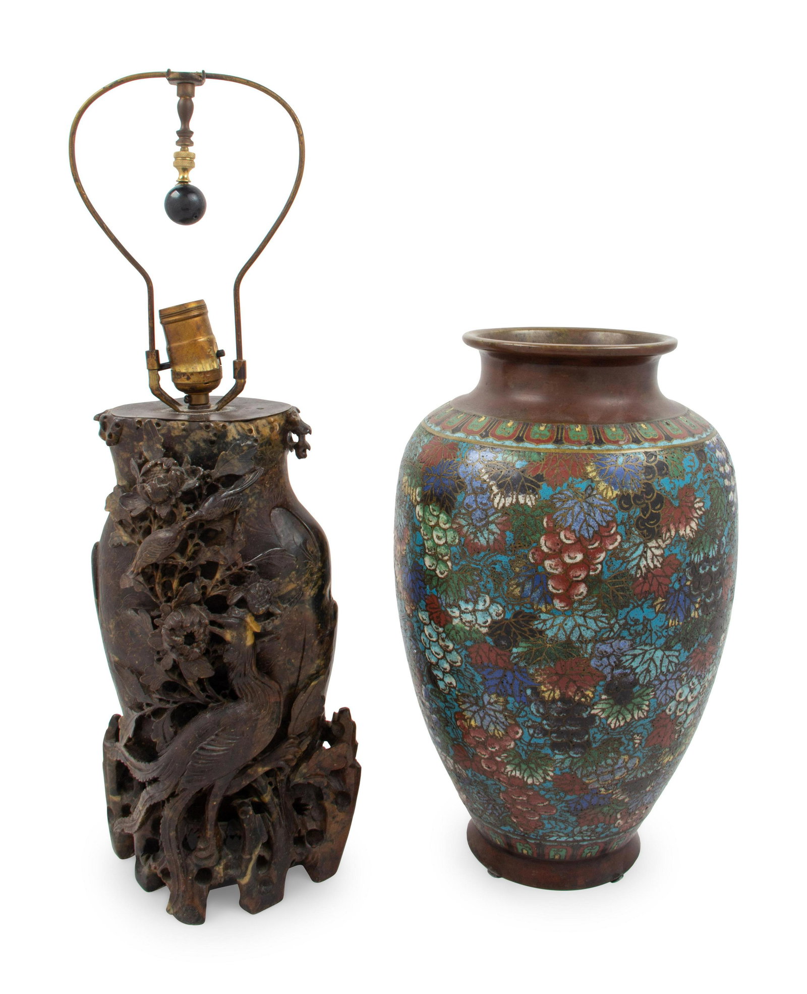 A Japanese Cloisonne Vase: A Japanese Cloisonne Vase Early 20th Century together with a soapstone vase mounted as a lamp. Height of first 14 3/4 inches.