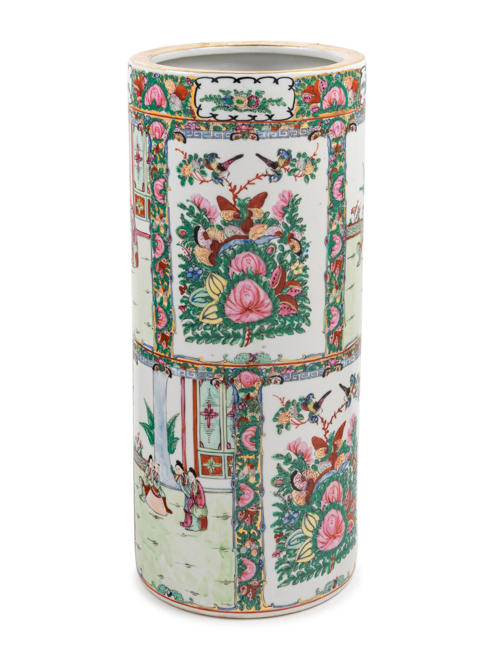 A Chinese Export Rose Medallion Porcelain Umbrella: A Chinese Export Rose Medallion Porcelain Umbrella Stand 20th Century Height 19 inches.