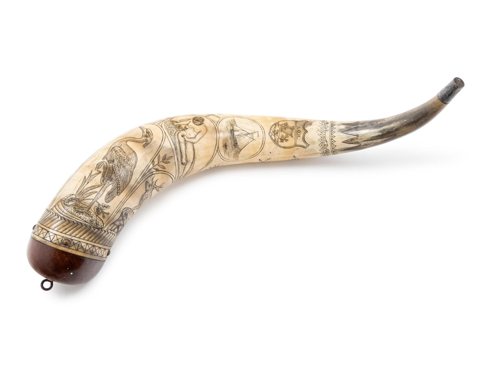 An American Carved Powder Horn Length 18 1/2 inches. (1 of 2)