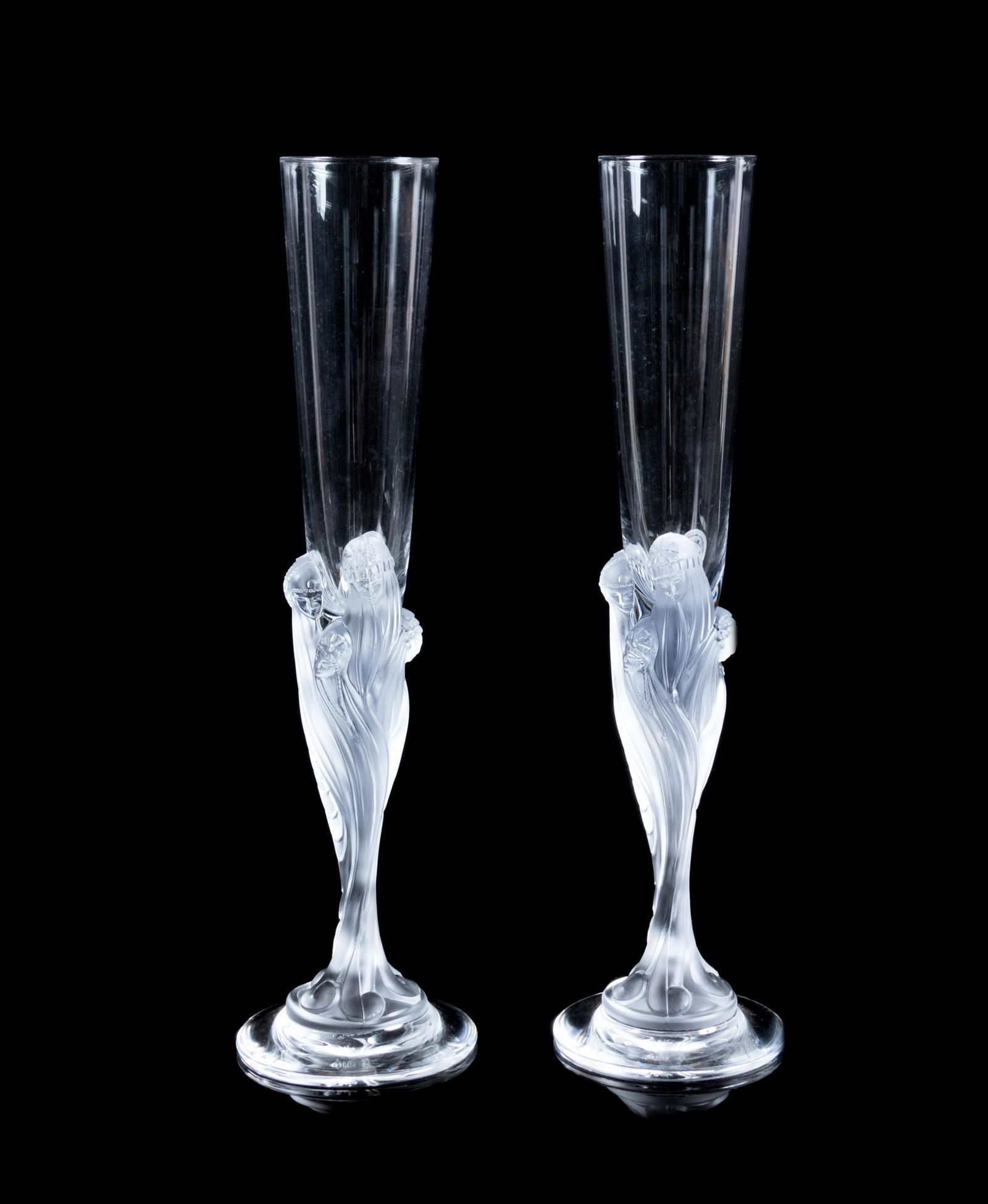 Erte 20th Century A Pair of Erte 'Mystique' Glass: Erte 20th Century A Pair of Erte 'Mystique' Glass Champagne Flutes blown and frosted glass Height 12 inches. Property from the Estate of Herbert Wittow, Denver, Colorado