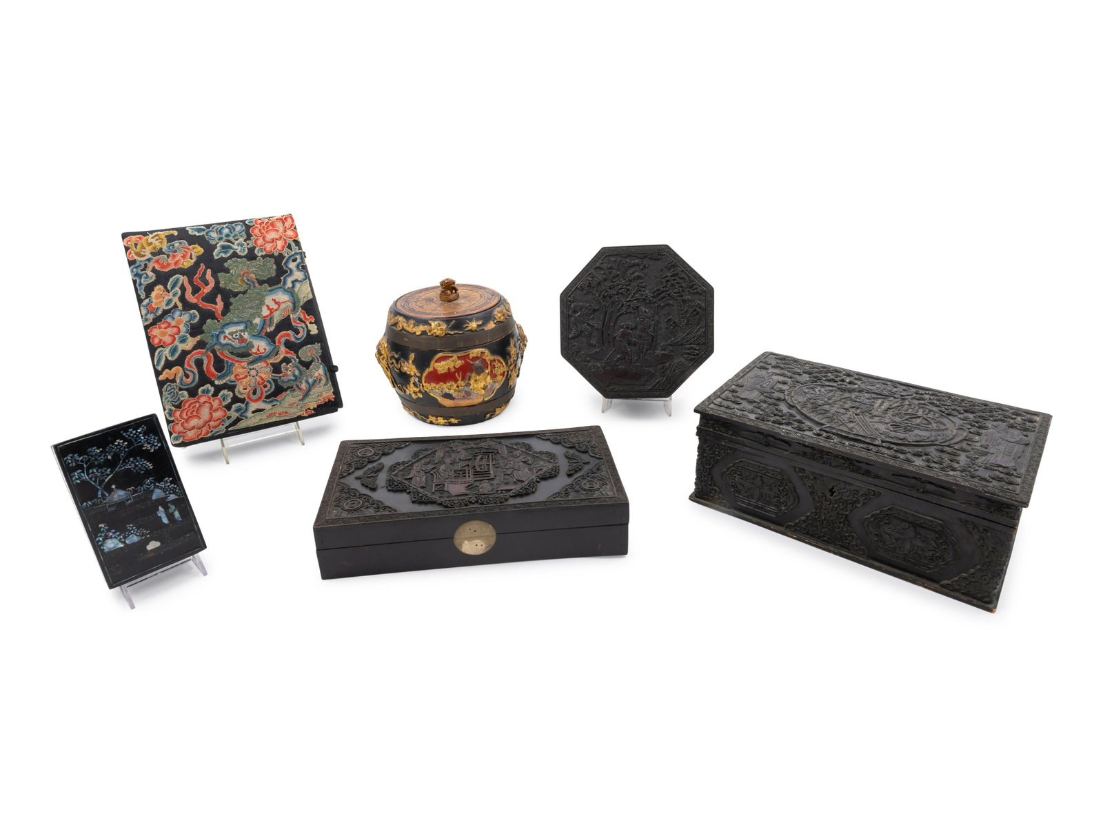 Fourteen Chinese and Japanese Boxes Largest: height 11: Fourteen Chinese and Japanese Boxes Largest: height 11 1/2 x length 5 in., 29 x 13 cm. Property from the Estate of John Spencer, Rhinelander, Wisconsin
