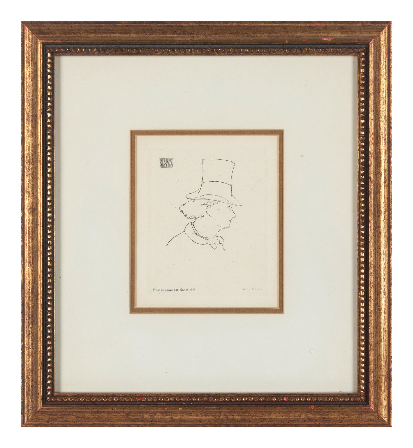 Edouard Manet 4 1/4 x 3 1/2 inches.: Edouard Manet (French, 1832-1883) Baudelaire de profile en chapeau II etching on paper 4 1/4 x 3 1/2 inches. Provenance: Masters Art Galleries, Schaumburg, Illinois Property from the Collection of Bro