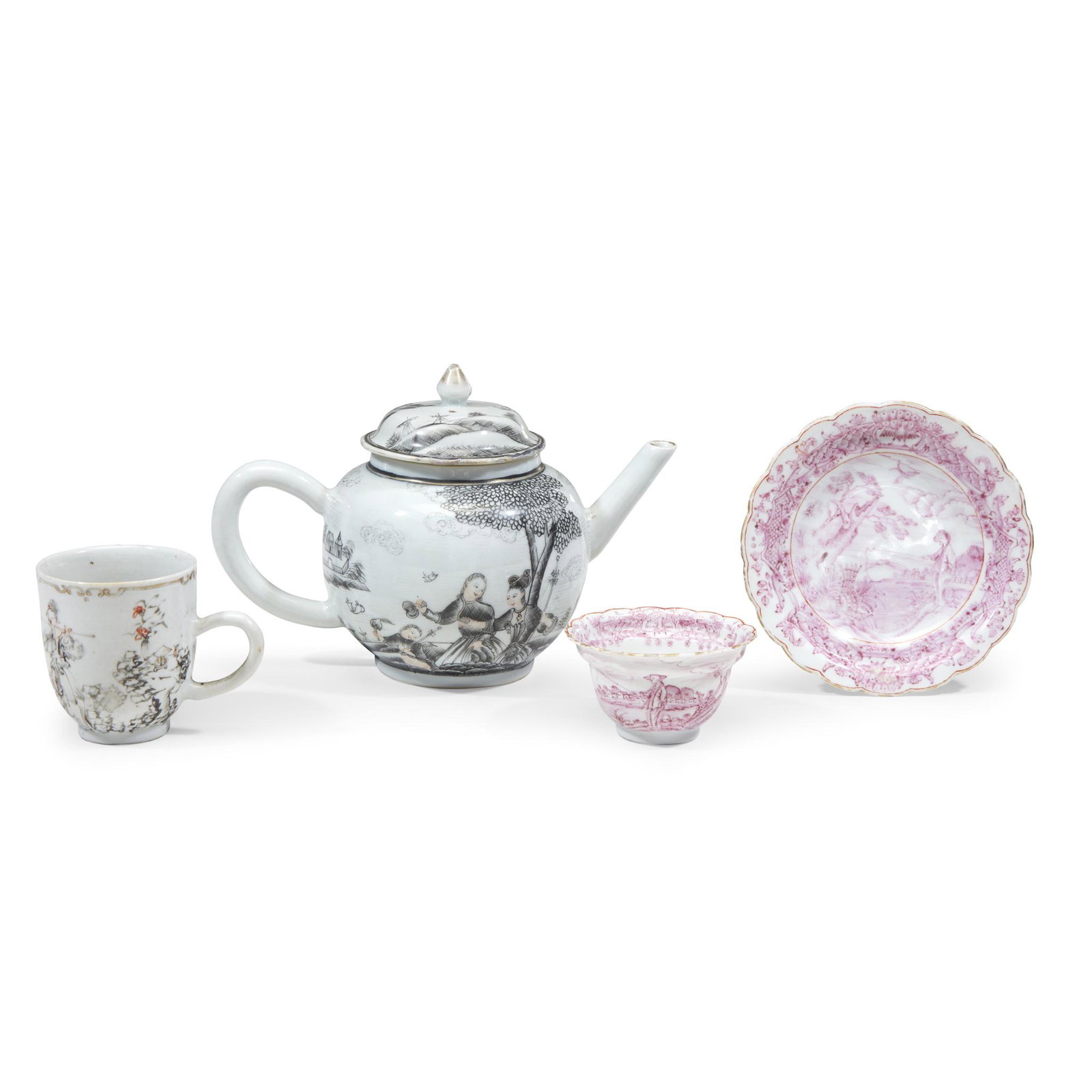 Collection of four Chinese Export table items, 18th: Collection of four Chinese Export table items, 18th century. Comprising a teapot, a teacup, and a tea bowl and saucer; all variously decorated with figures. H: 4 1/2 in. (teapot) PROVENANCE: From a Vi