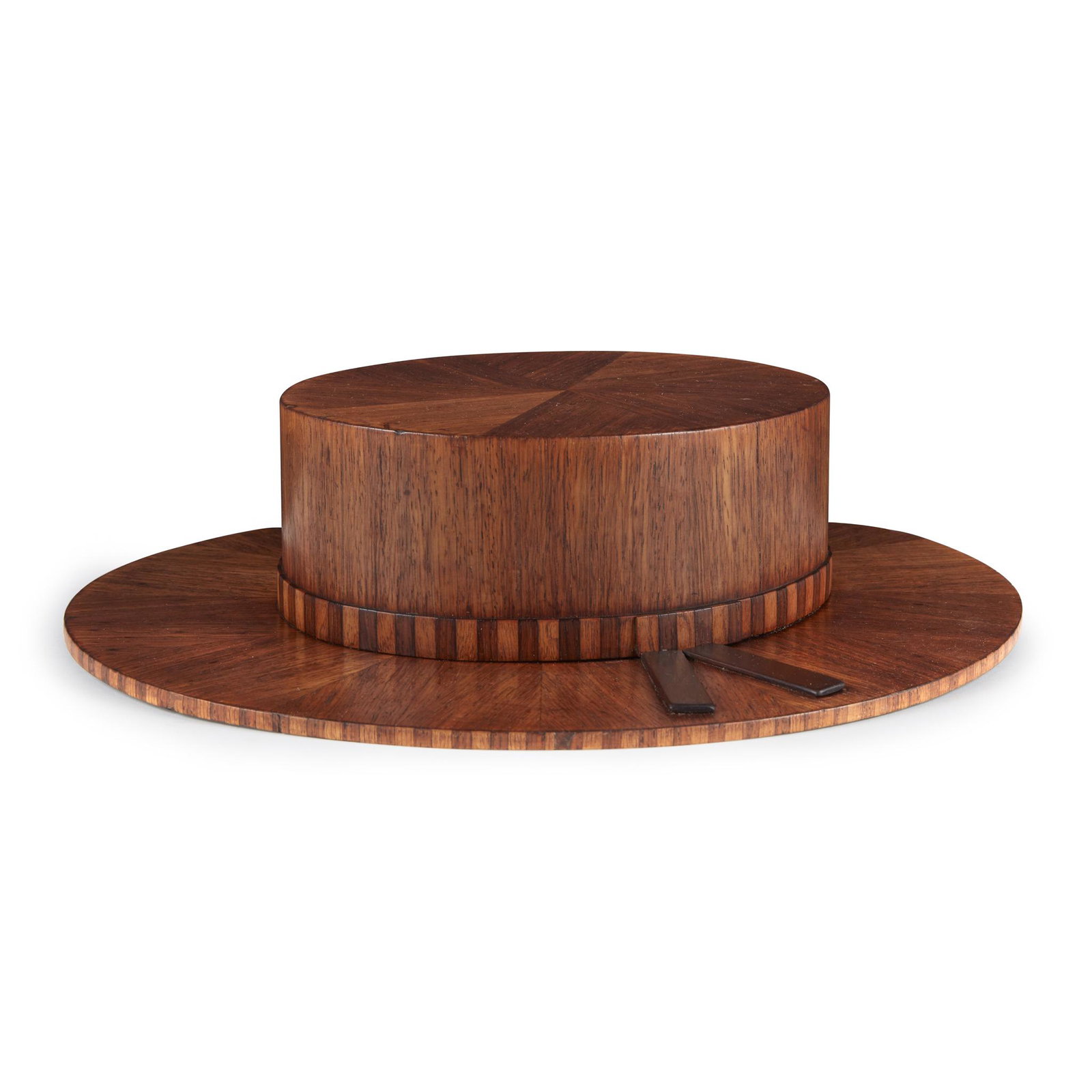 Carved and mahogany veneered hat, late 19th century: Carved and mahogany veneered hat, late 19th century. 15 in. x 14 in.