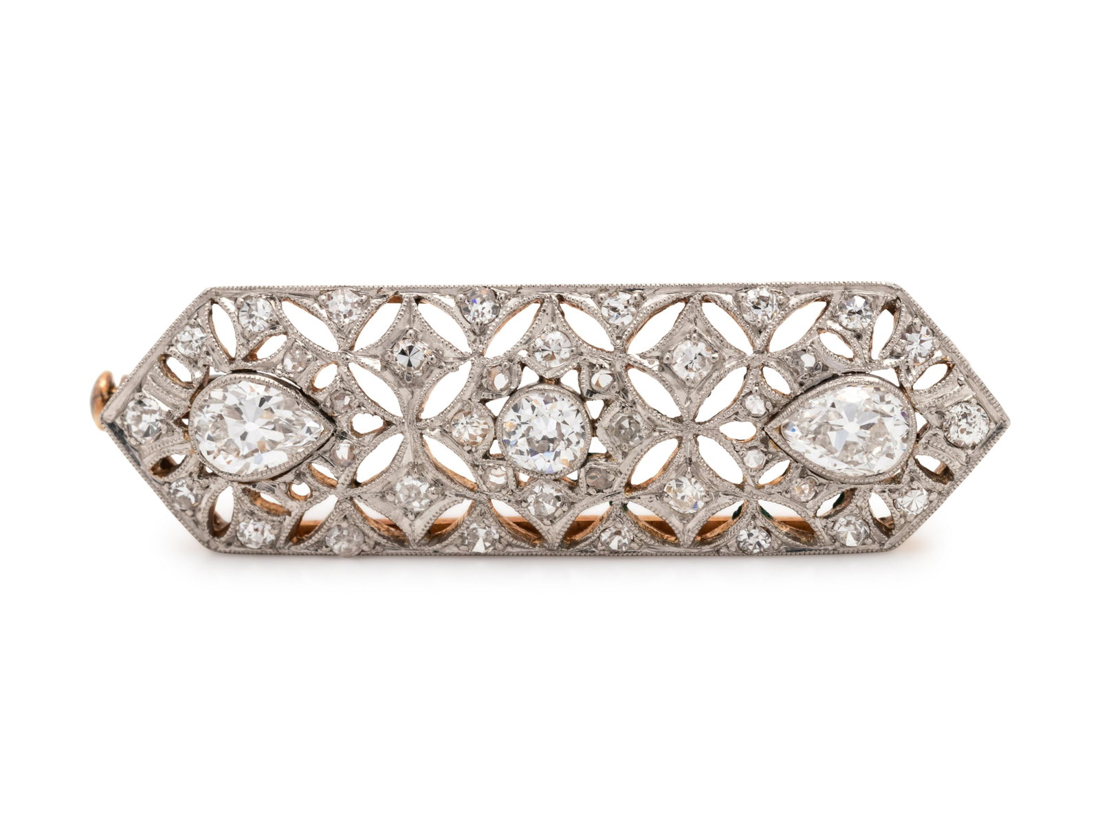 EDWARDIAN, DIAMOND BROOCH: EDWARDIAN, DIAMOND BROOCH Containing one old European cut diamond weighing approximately 0.15 carat, two pear shape diamonds weighing approximately 0.50 carat total and 36 old European cut, rose cut a