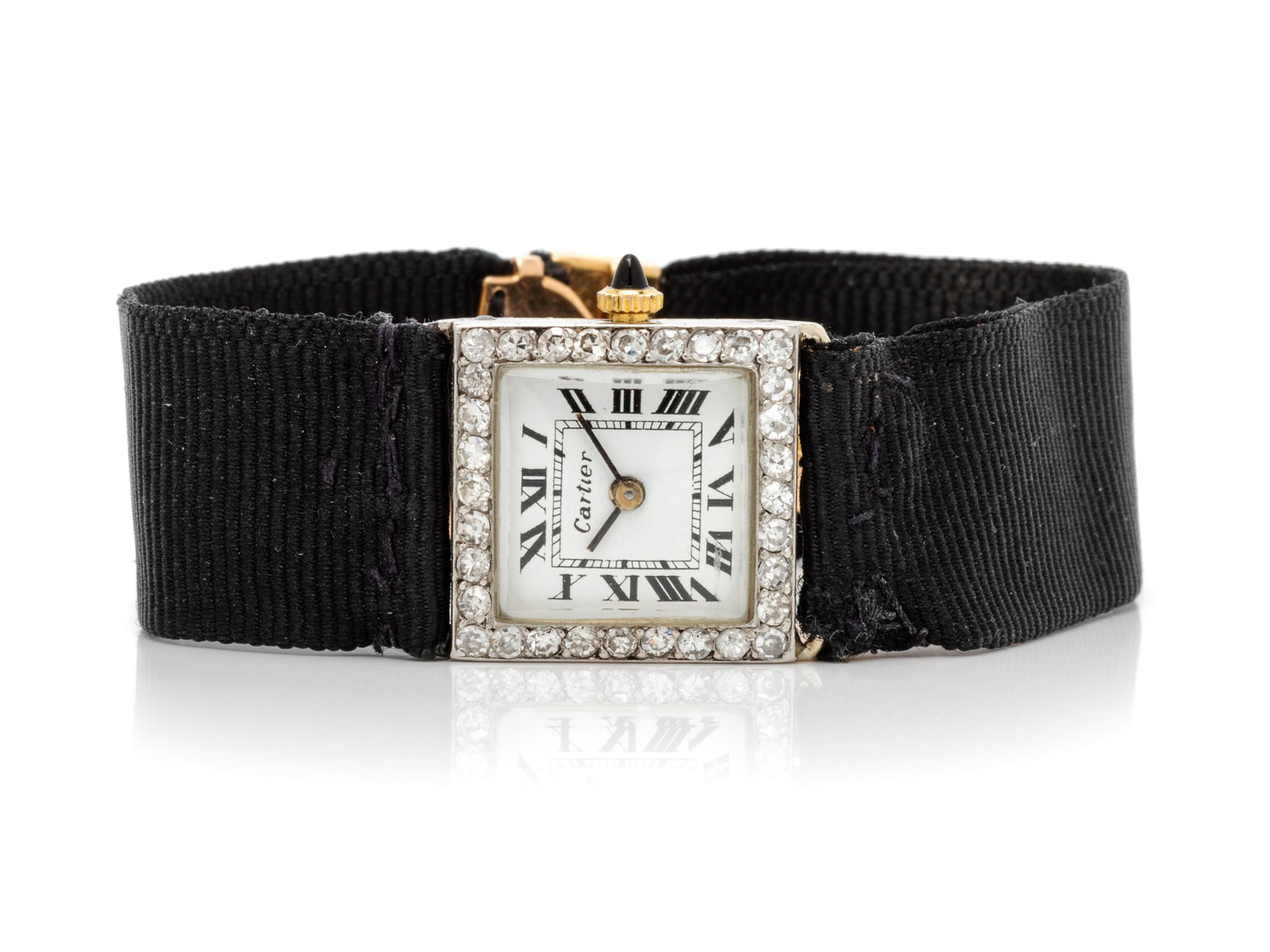 CARTIER, ART DECO, DIAMOND WRISTWATCH: CARTIER, ART DECO, DIAMOND WRISTWATCH 20.00 x 20.00 mm case diameter, the bezel containing 32 single cut diamonds, white dial signed Cartier, black Roman numerals, black baton hands, square platinum c