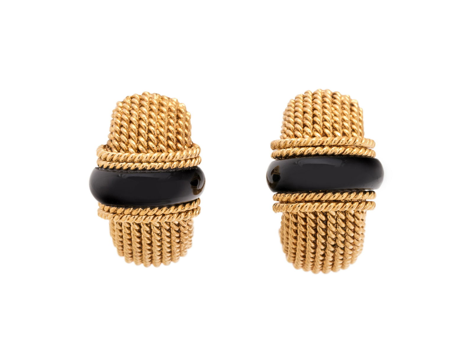 ROBERTO COIN, YELLOW GOLD AND ONYX EARCLIPS: ROBERTO COIN, YELLOW GOLD AND ONYX EARCLIPS Consisting of yellow gold twisted wire half hoops containing two onyx plaques, folding posts with clip backs. Stamp: 18Kt ITALY (Italian hallmark for Rober