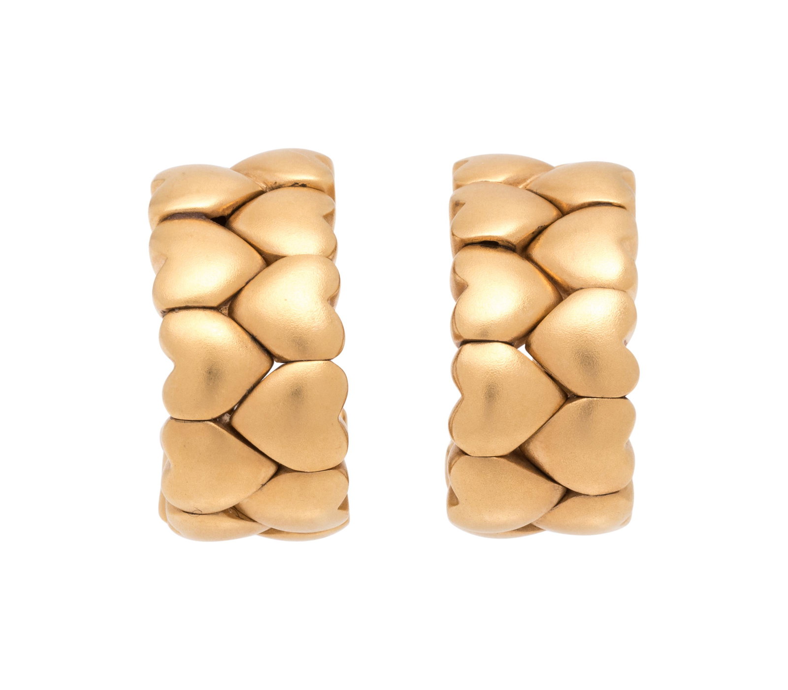 CARTIER, YELLOW GOLD HEART EARCLIPS: CARTIER, YELLOW GOLD HEART EARCLIPS Consisting of a double row of rounded hearts with matte finish, posts with clip backs. Clip back stamp: Cartier (Italian hallmark) 750 (Swiss hallmarks) D51227 CART