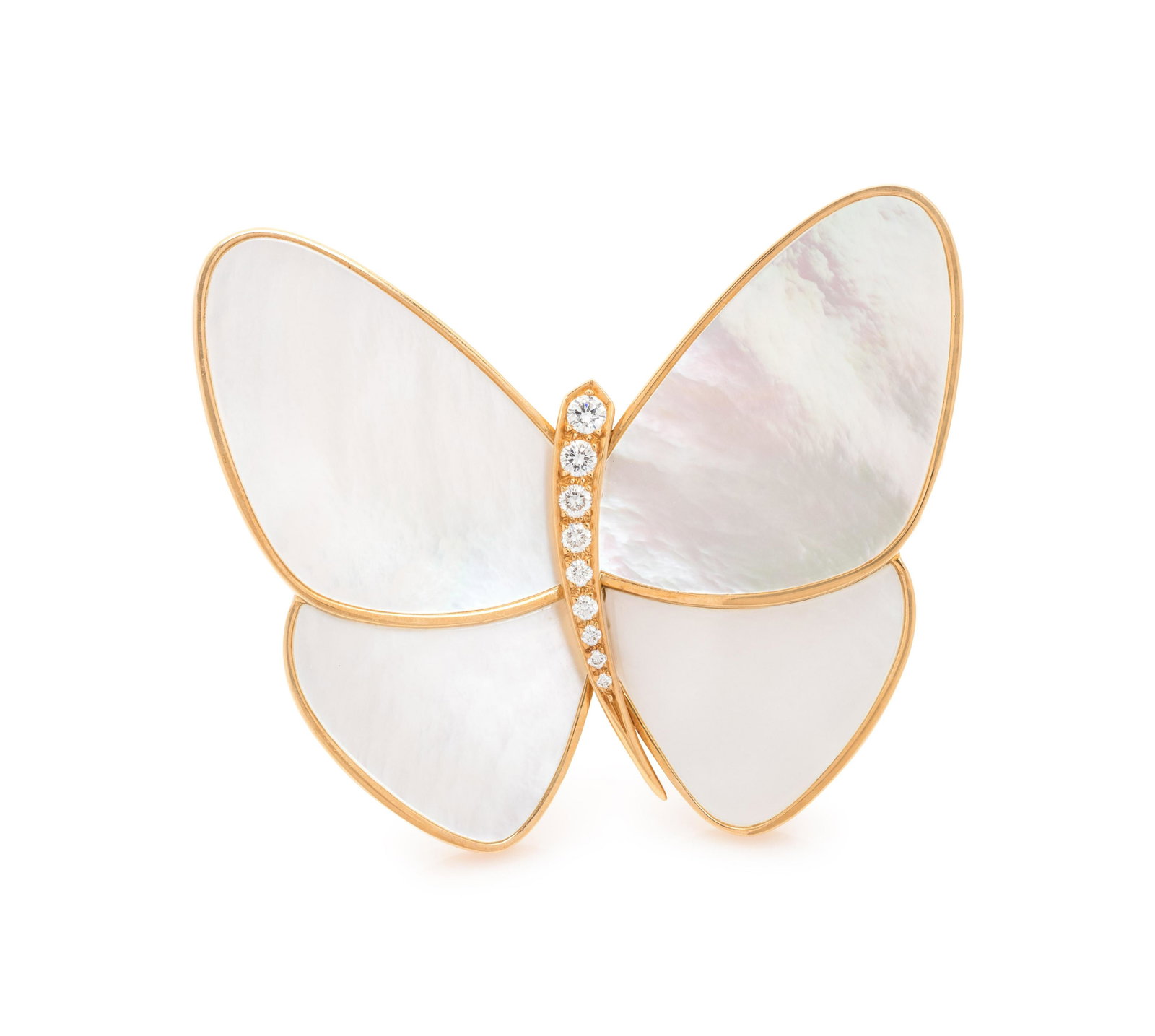 VAN CLEEF & ARPELS, DIAMOND AND MOTHER-OF-PEARL: VAN CLEEF & ARPELS, DIAMOND AND MOTHER-OF-PEARL BUTTERFLY BROOCH Containing nine round brilliant cut diamonds weighing approximately 0.18 carat total and mother-of-pearl wings. Mounted in yellow gold.