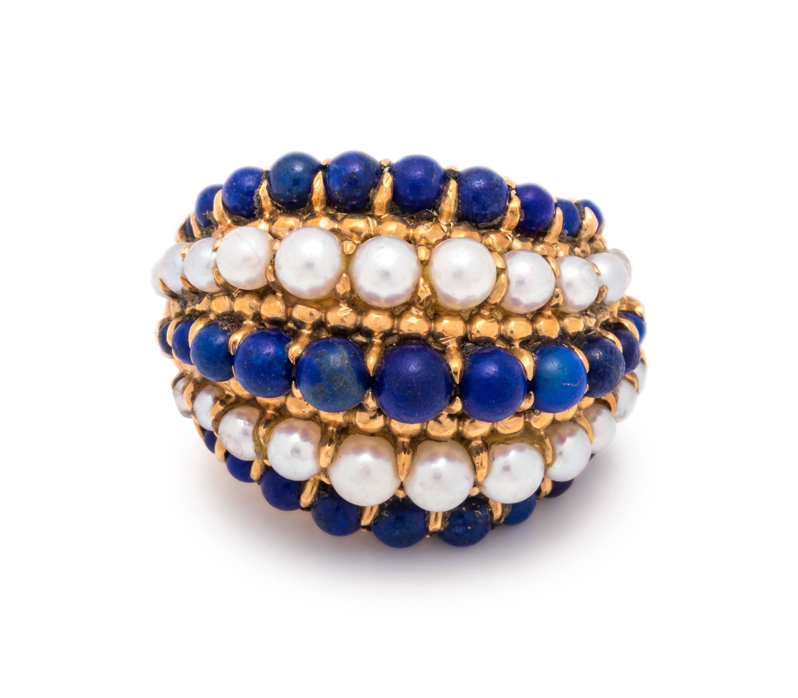 VAN CLEEF & ARPELS, LAPIS LAZULI AND CULTURED PEARL: VAN CLEEF & ARPELS, LAPIS LAZULI AND CULTURED PEARL BOMBE RING Containing 31 lapis lazuli spheres and 22 pearls. Mounted in yellow gold. Engraved: VCA 750 62 15060. Stamp: (French hallmark). 9.25 dw