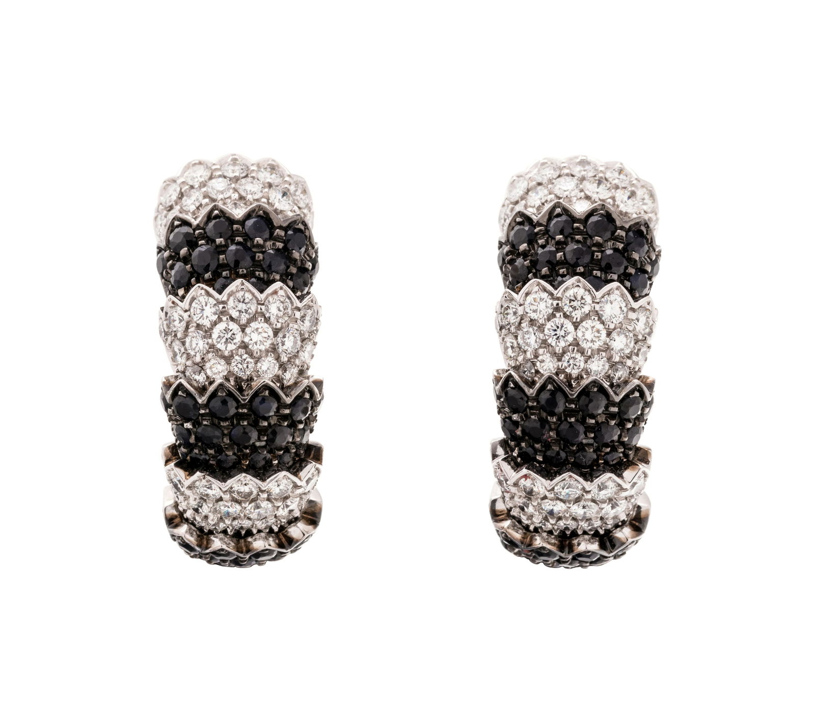 ROBERTO COIN, BLACK DIAMOND AND DIAMOND 'COBRA': ROBERTO COIN, BLACK DIAMOND AND DIAMOND 'COBRA' EARCLIPS Consisting of links containing numerous round mixed cut black diamonds measuring approximately 1.50-1.90 mm in diameter and 114 round brilliant